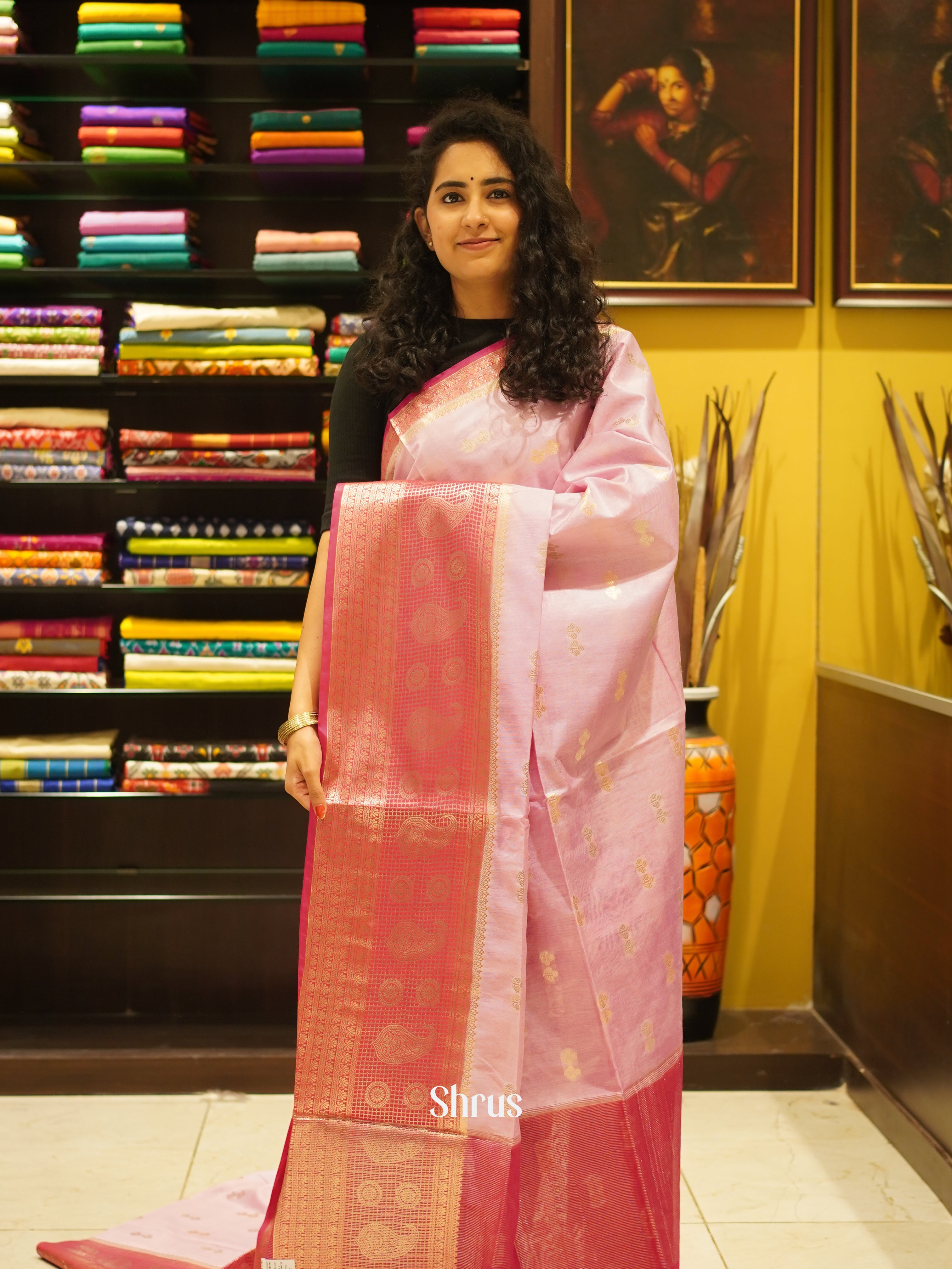 Baby pink & Pink - Semi Silk cotton Saree - Shop on ShrusEternity.com