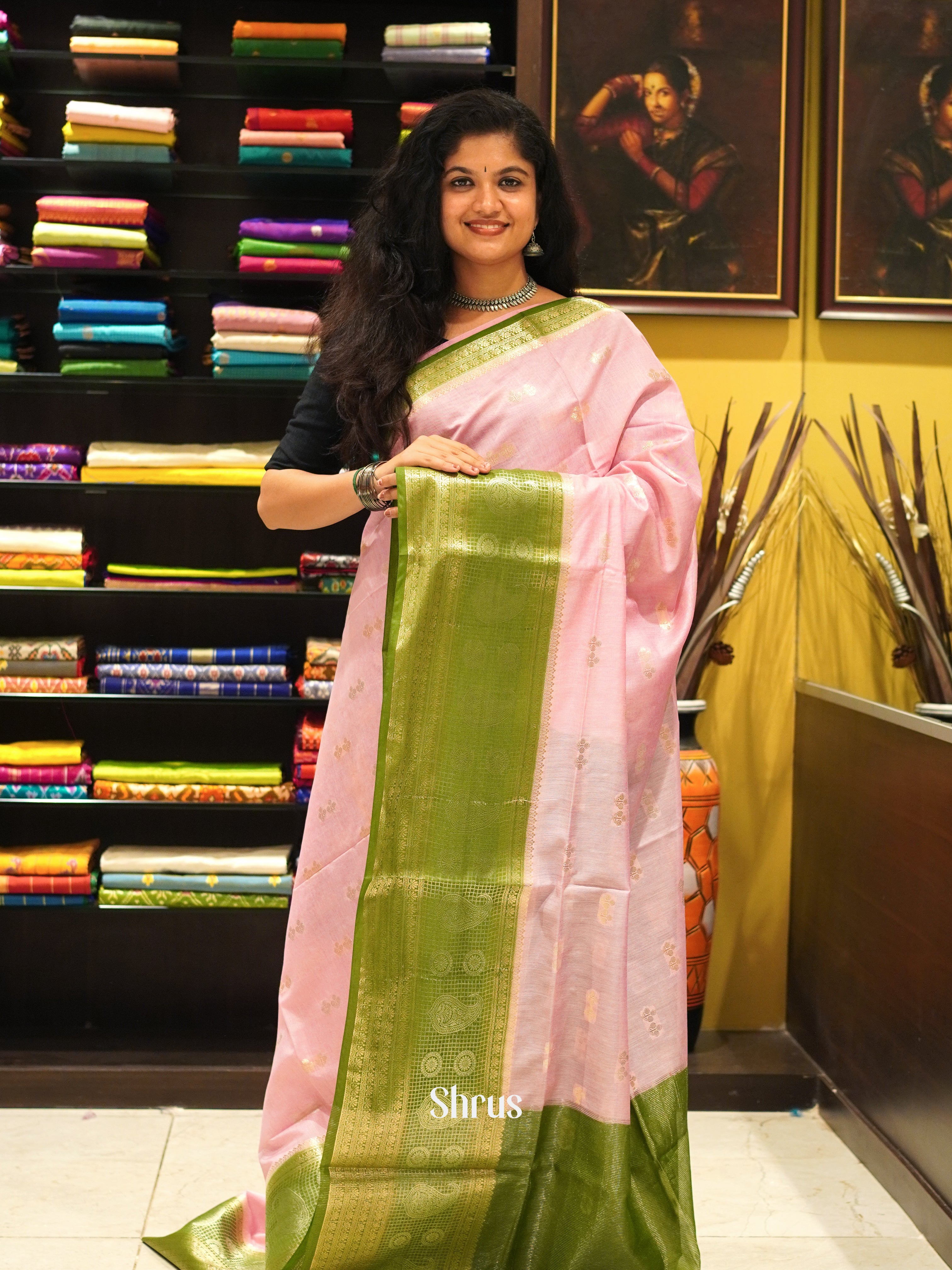 Pink & Green - North silkcotton Saree - Shop on ShrusEternity.com