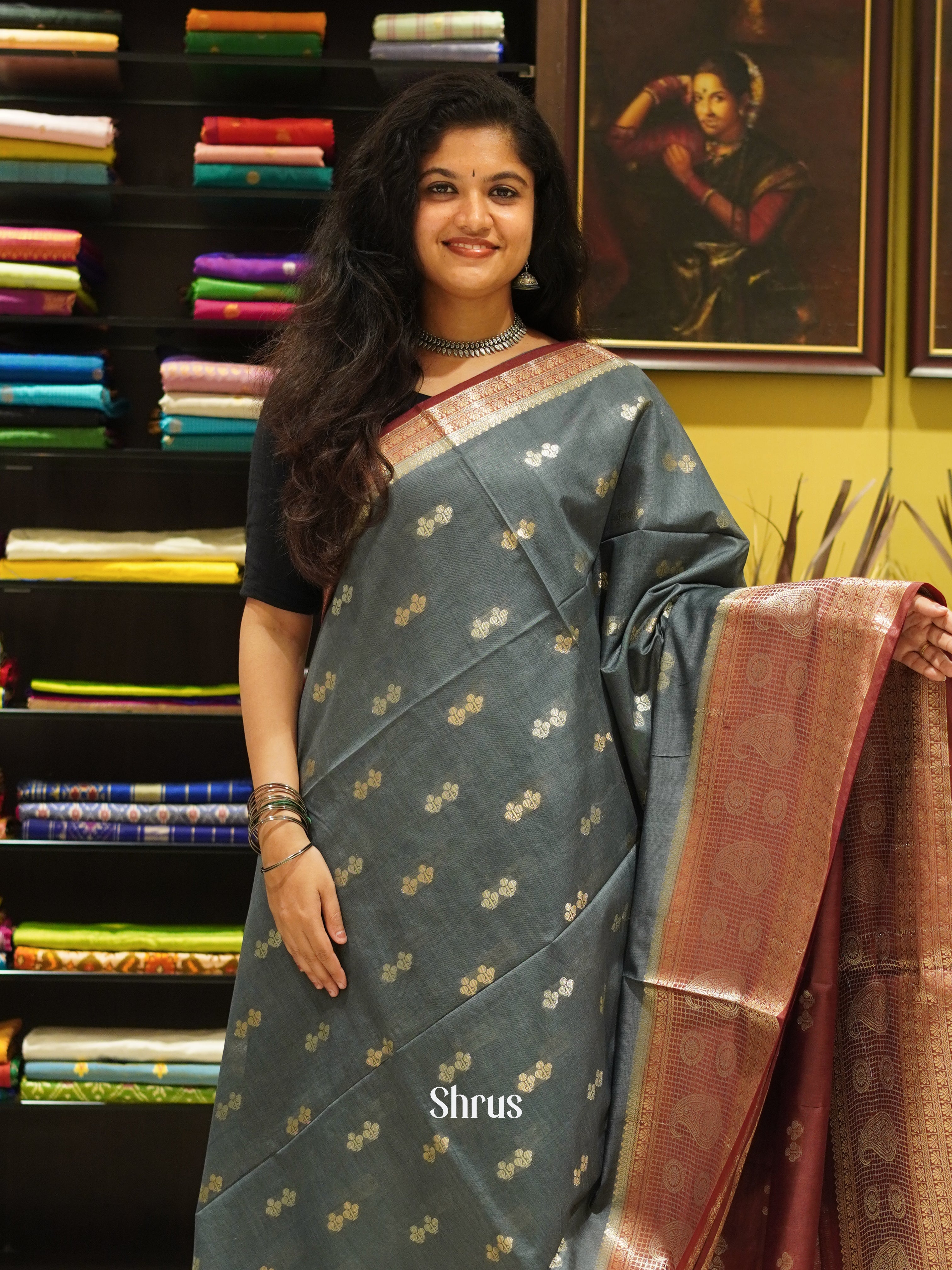 Grey & Brown - North Silkcotton Saree - Shop on ShrusEternity.com