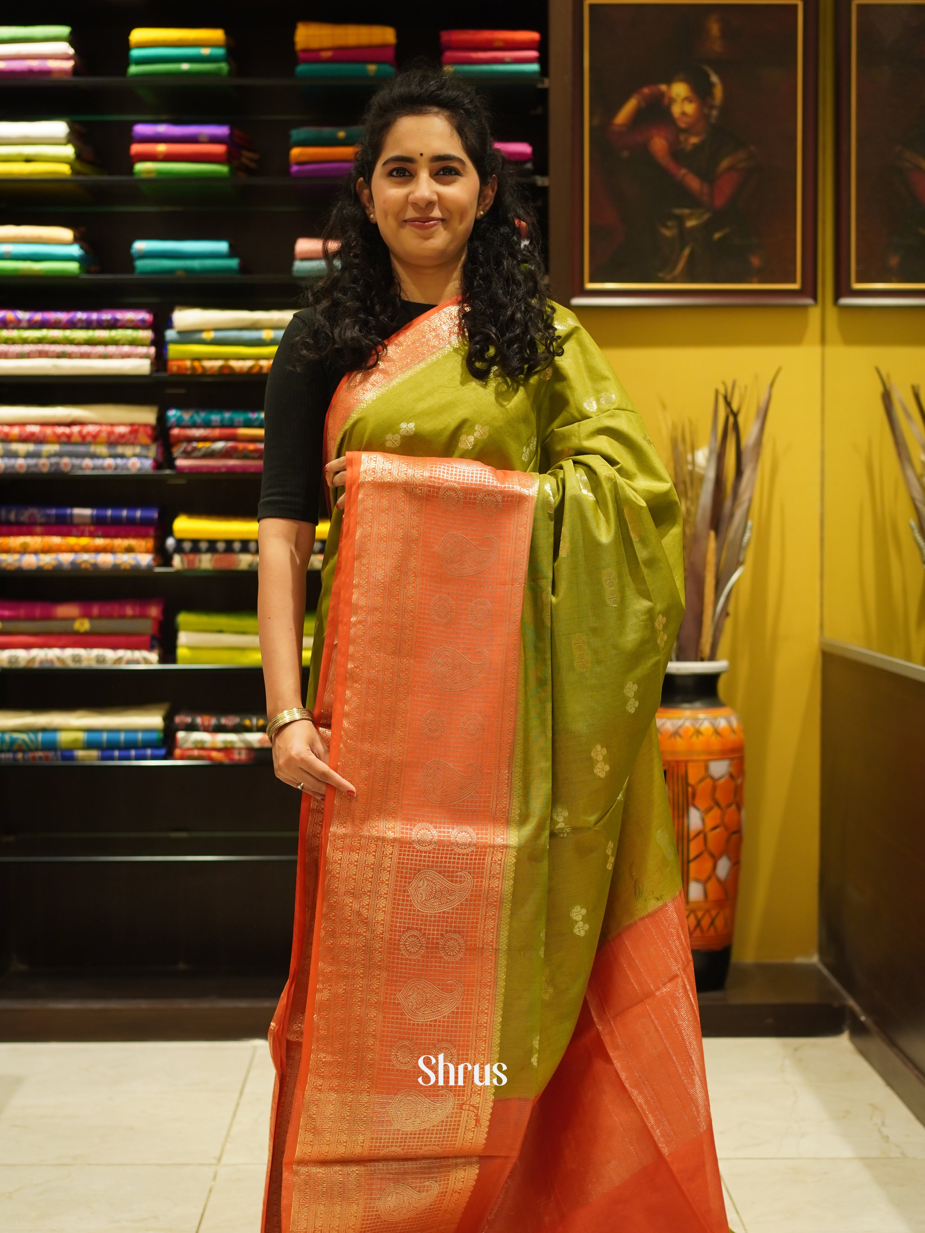 Green & Orange - Semi Silk Cotton Saree - Shop on ShrusEternity.com