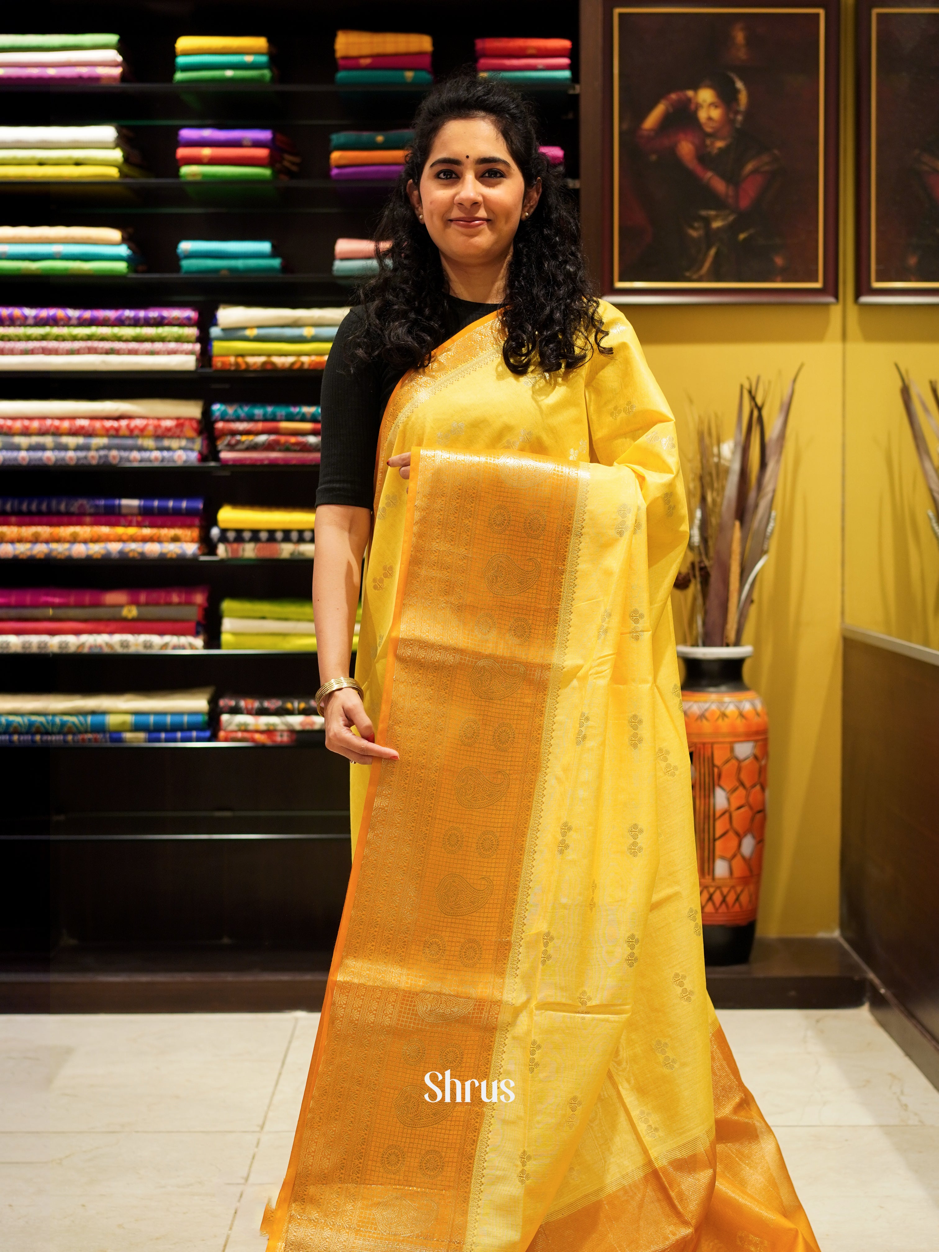 Yellow & Orange - Semi Silk Cotton Saree - Shop on ShrusEternity.com