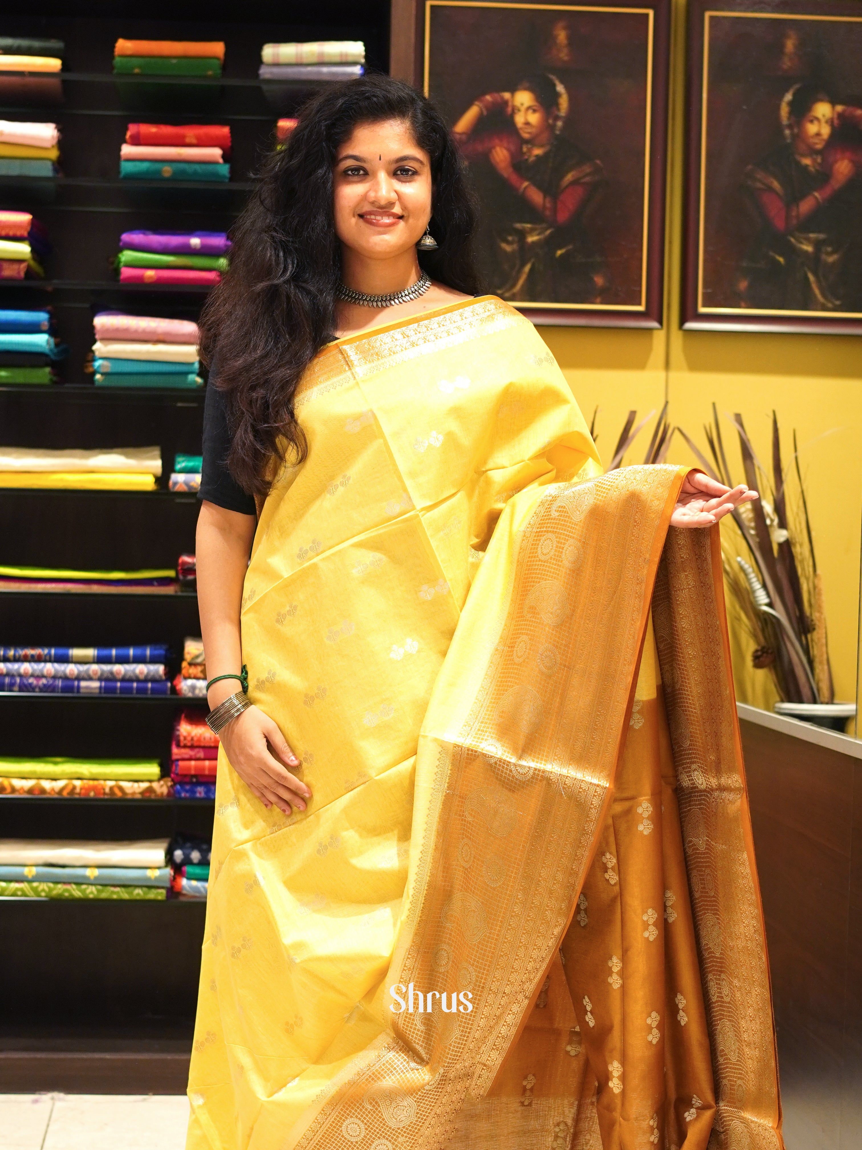 Yellow & Orange - North silkcotton Saree - Shop on ShrusEternity.com