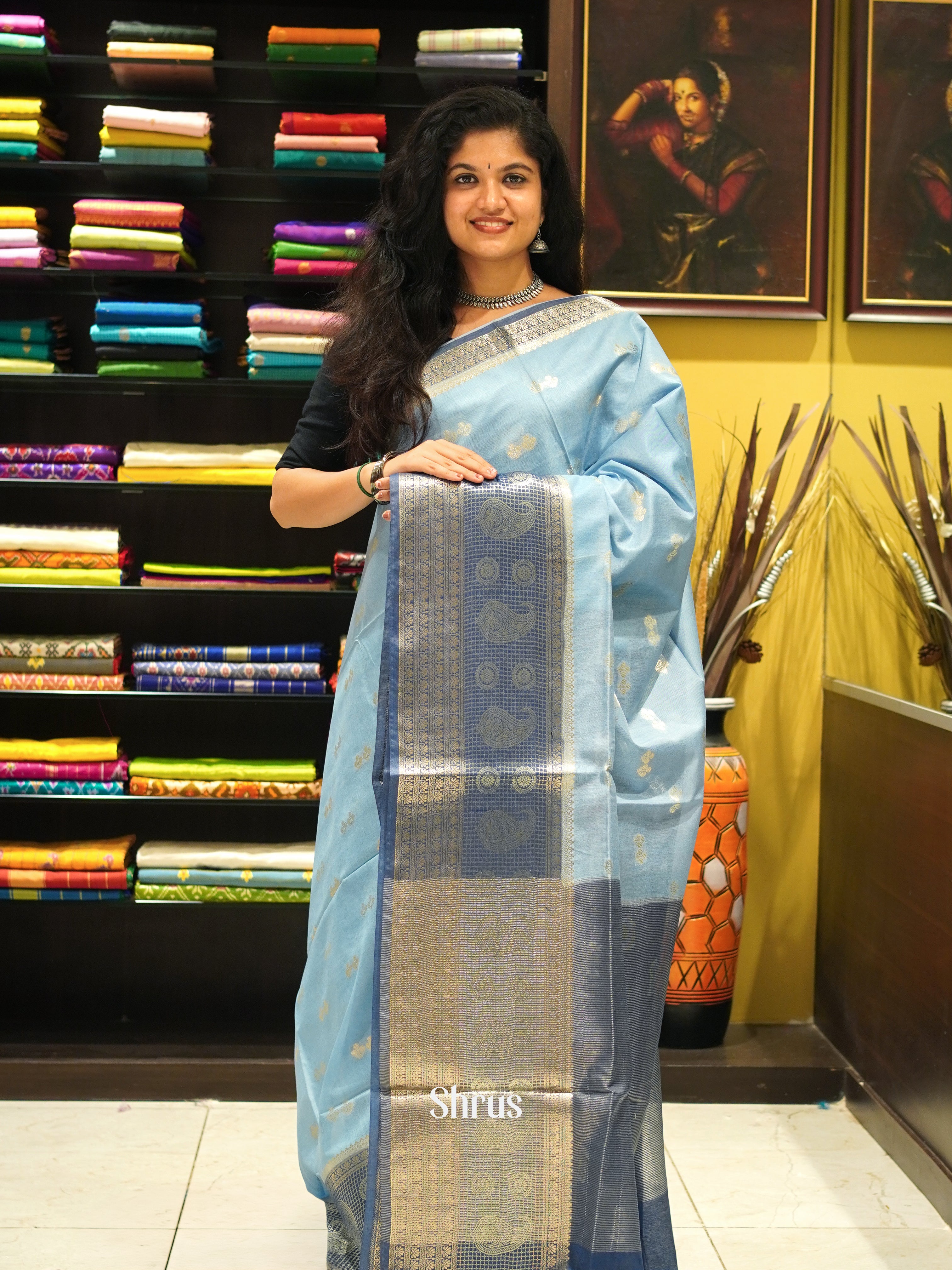 Light Blue & Blue - North silk cotton Saree - Shop on ShrusEternity.com
