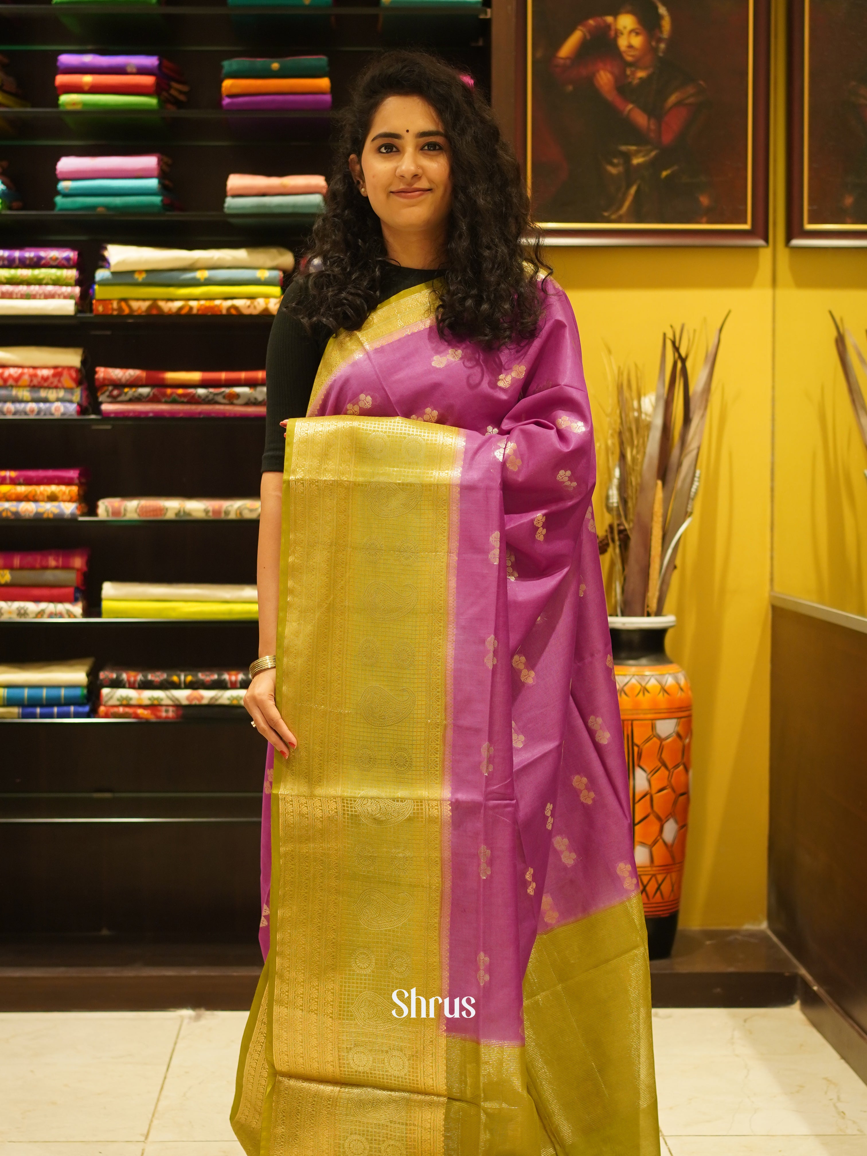 Pink & Green - Semi Silk Cotton Saree - Shop on ShrusEternity.com