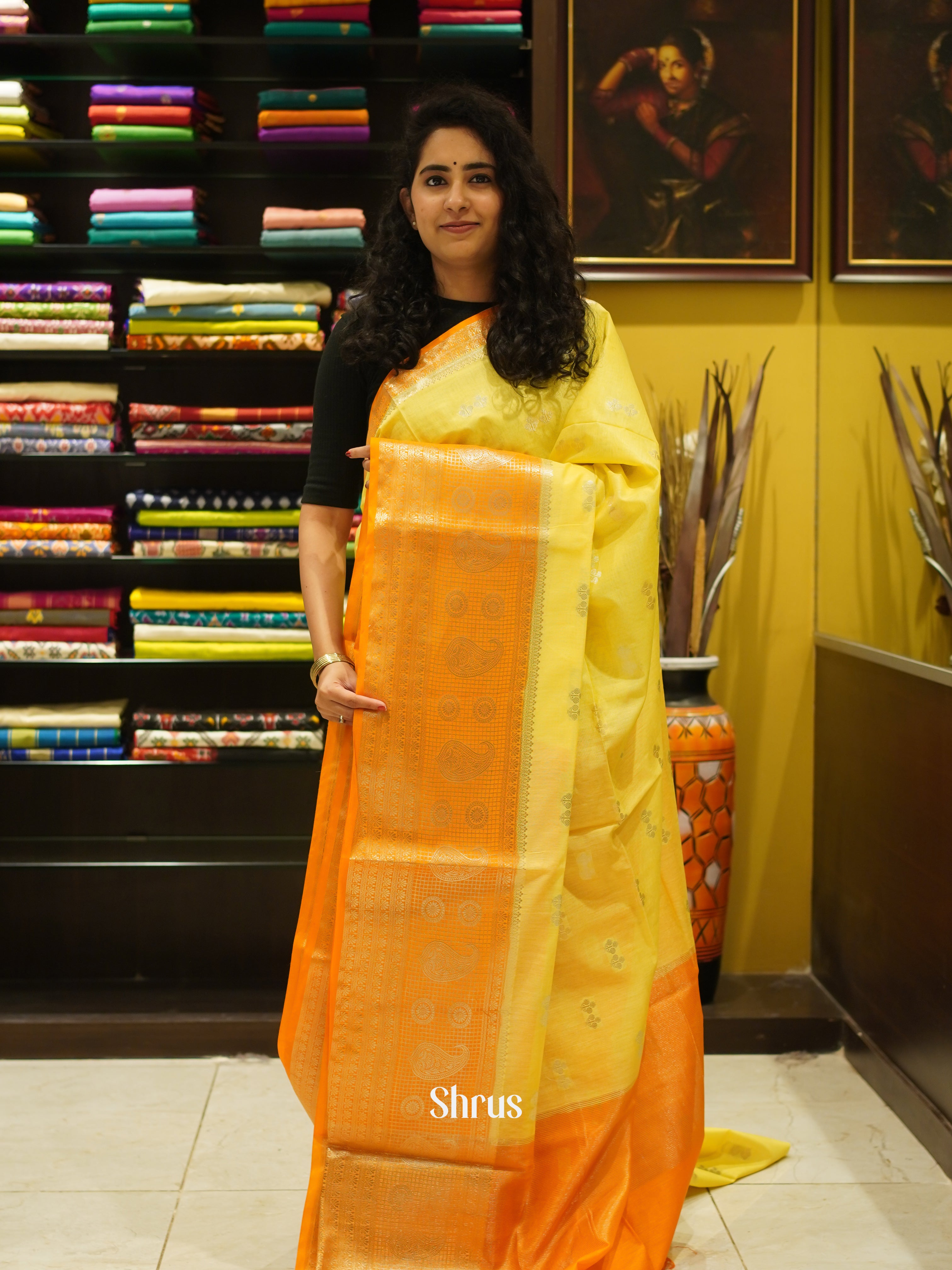 Yellow & Orange -Semi Silk Cotton saree - Shop on ShrusEternity.com