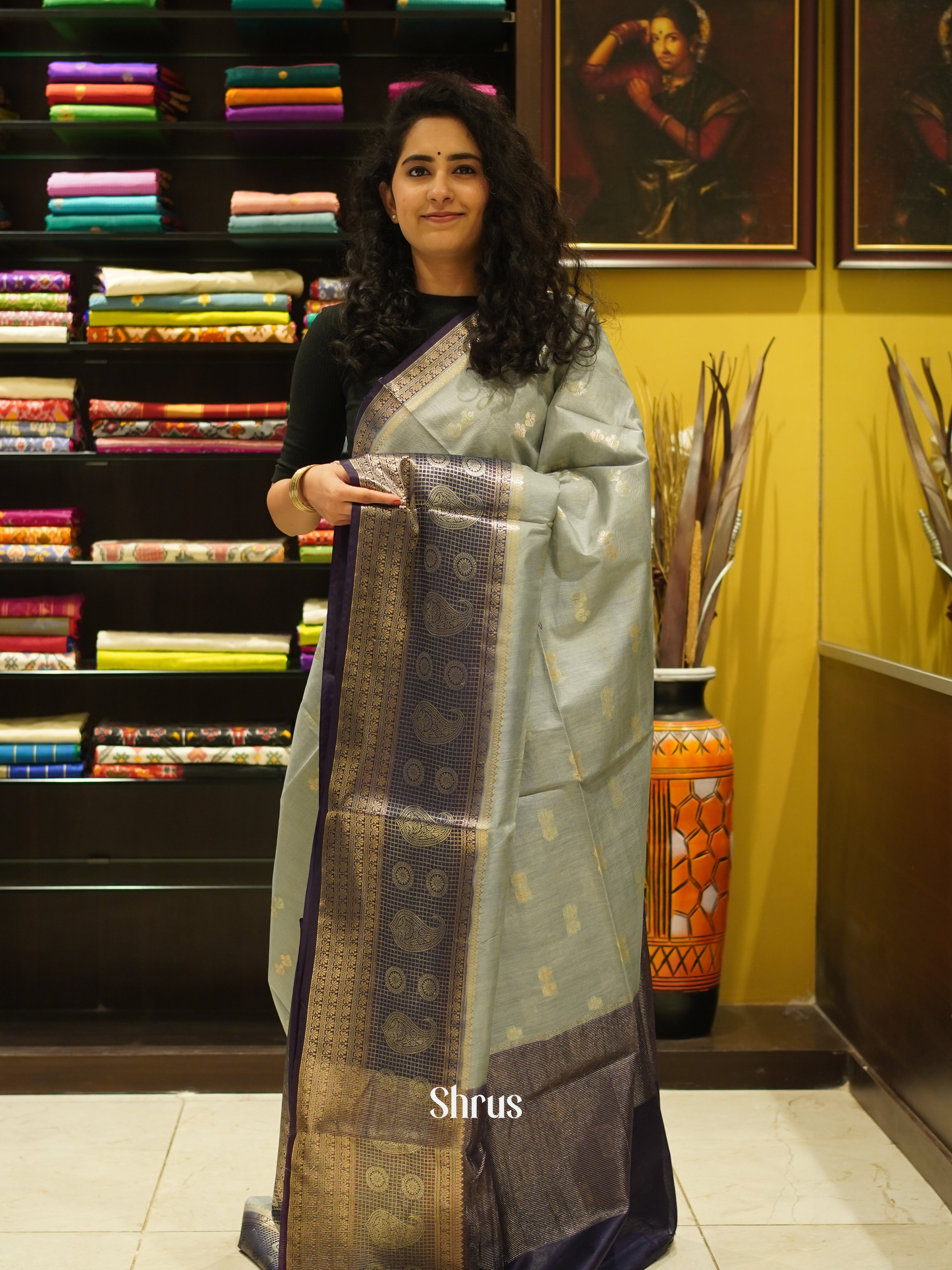 Grey & Blue - Semi Silk Cotton saree - Shop on ShrusEternity.com