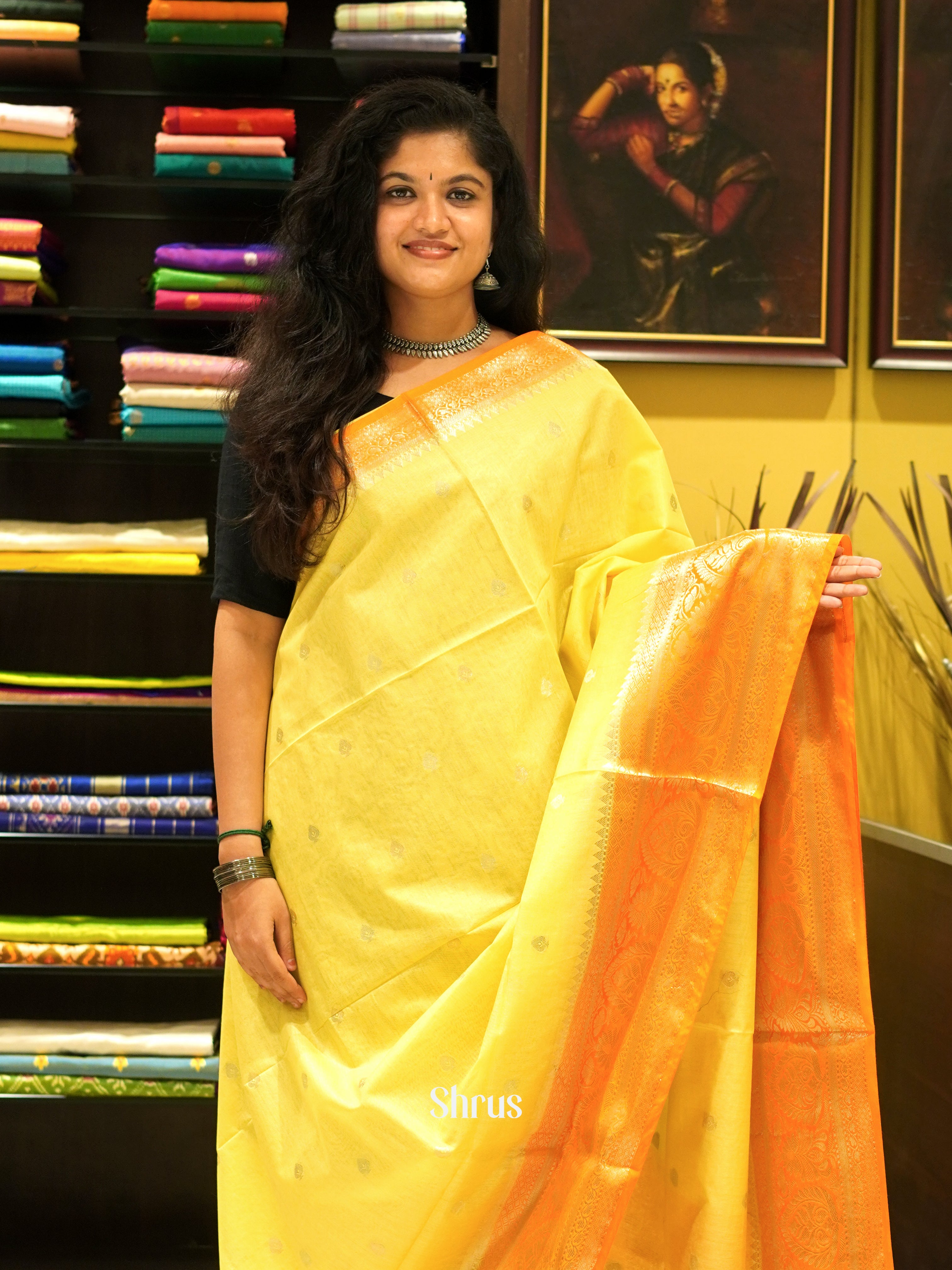 Lemon Yellow & Orange - North silkcotton Saree - Shop on ShrusEternity.com