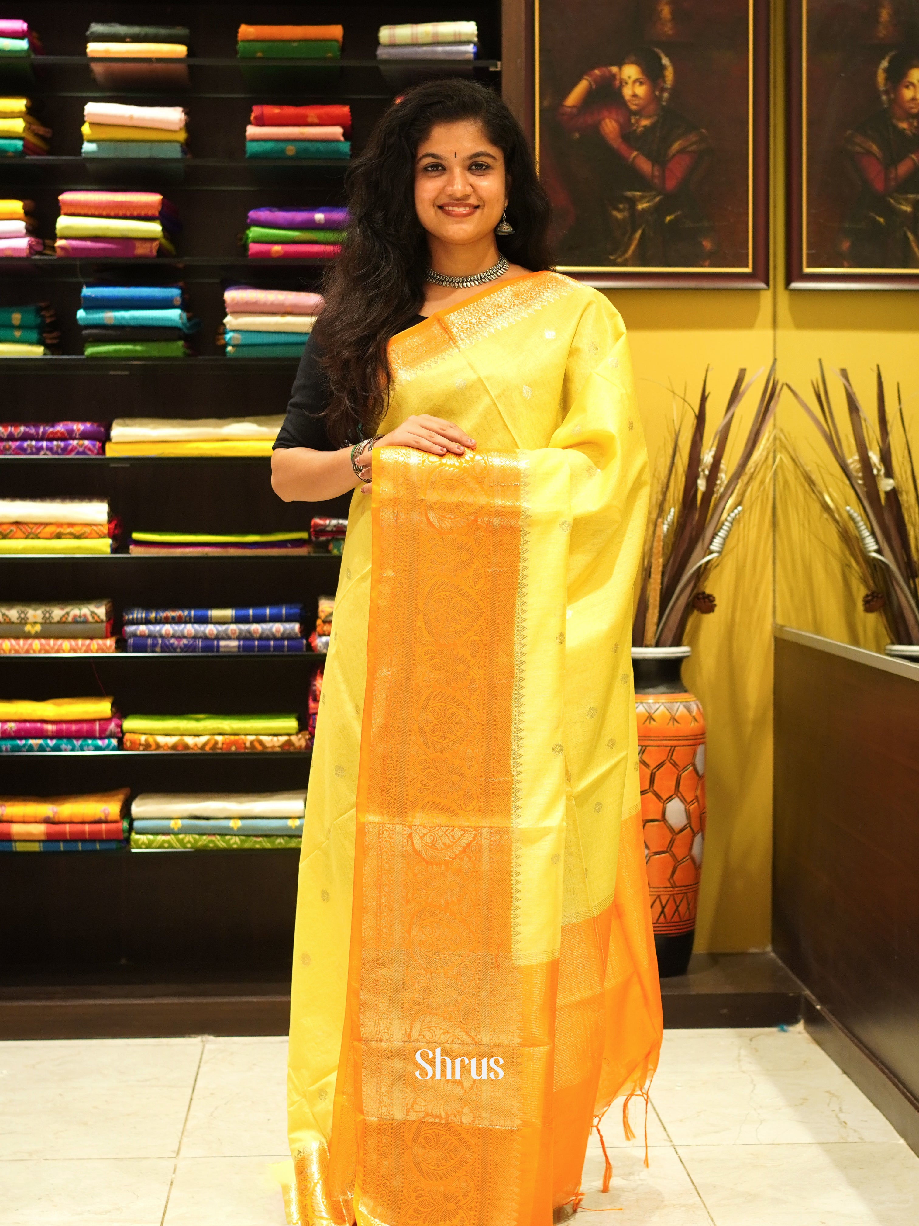 Lemon Yellow & Orange - North silkcotton Saree - Shop on ShrusEternity.com