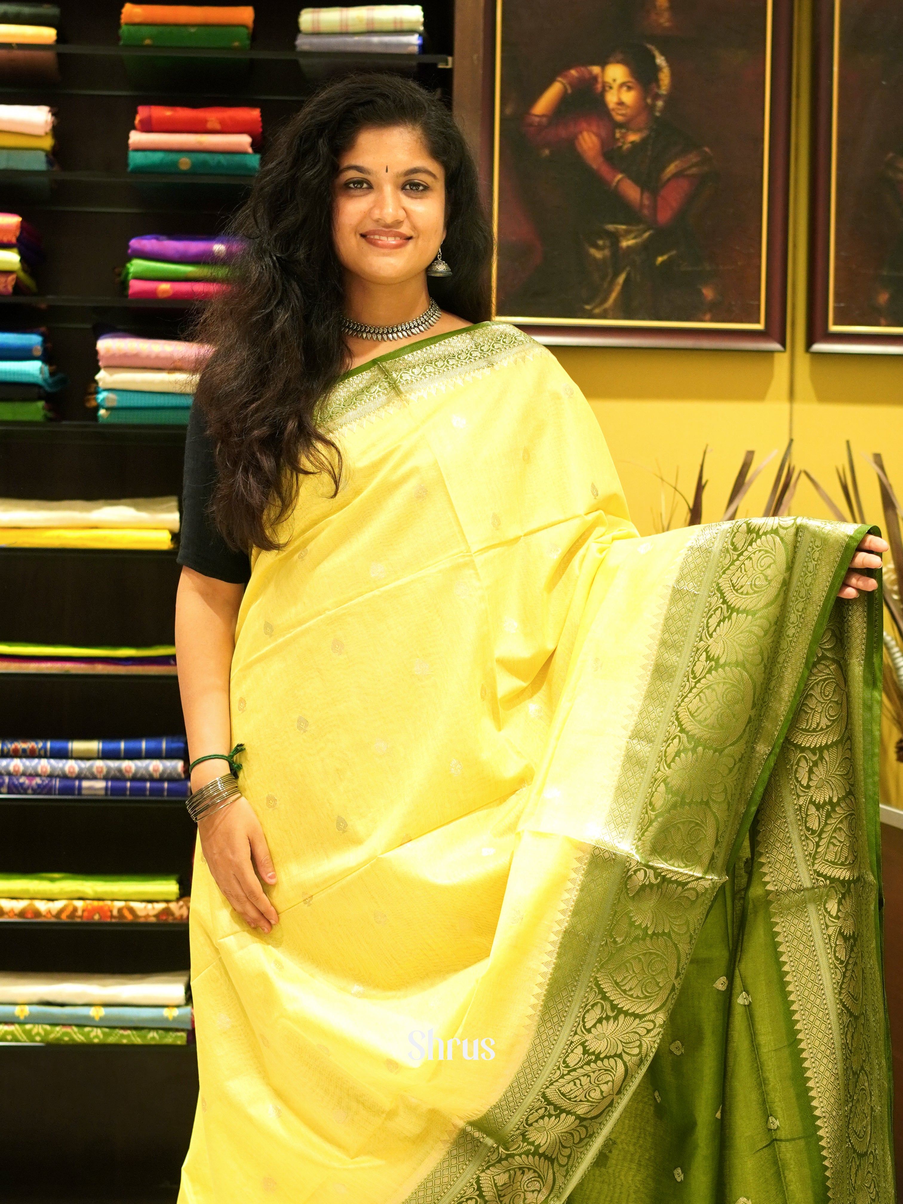 Light Yellow & Green - North silkcotton Saree - Shop on ShrusEternity.com