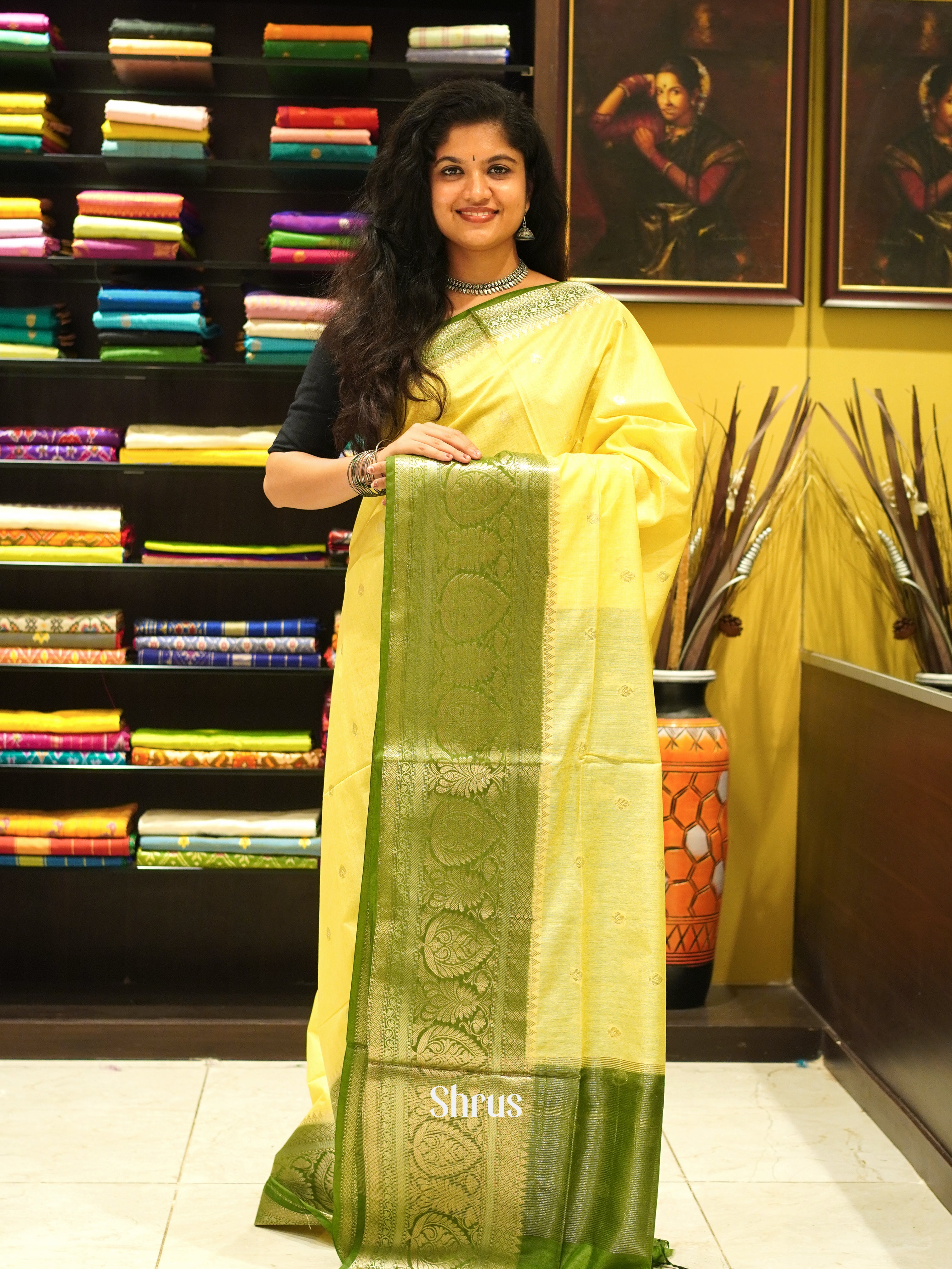 Light Yellow & Green - North silkcotton Saree - Shop on ShrusEternity.com