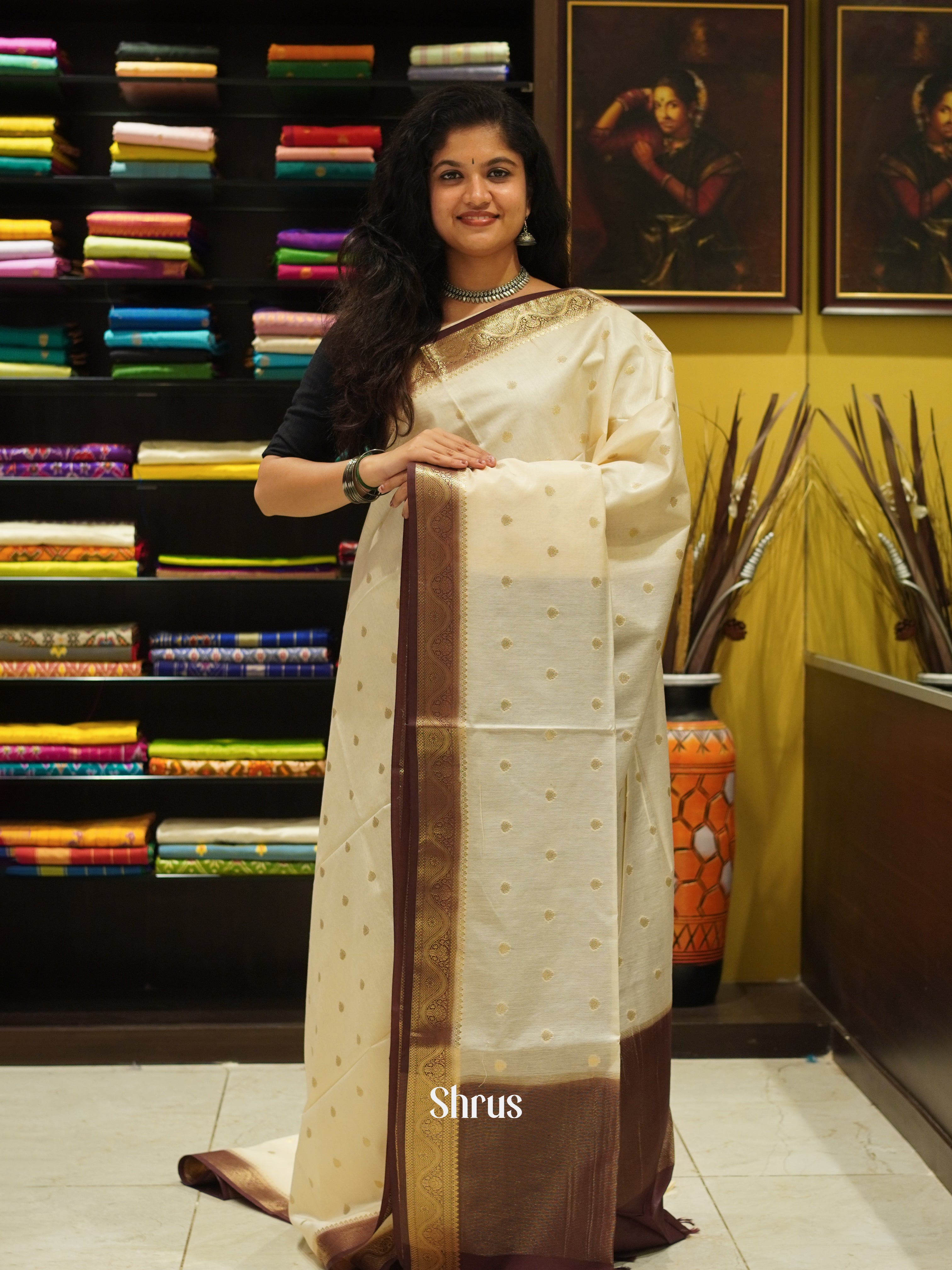 Cream & Brown - North Silkcotton Saree - Shop on ShrusEternity.com