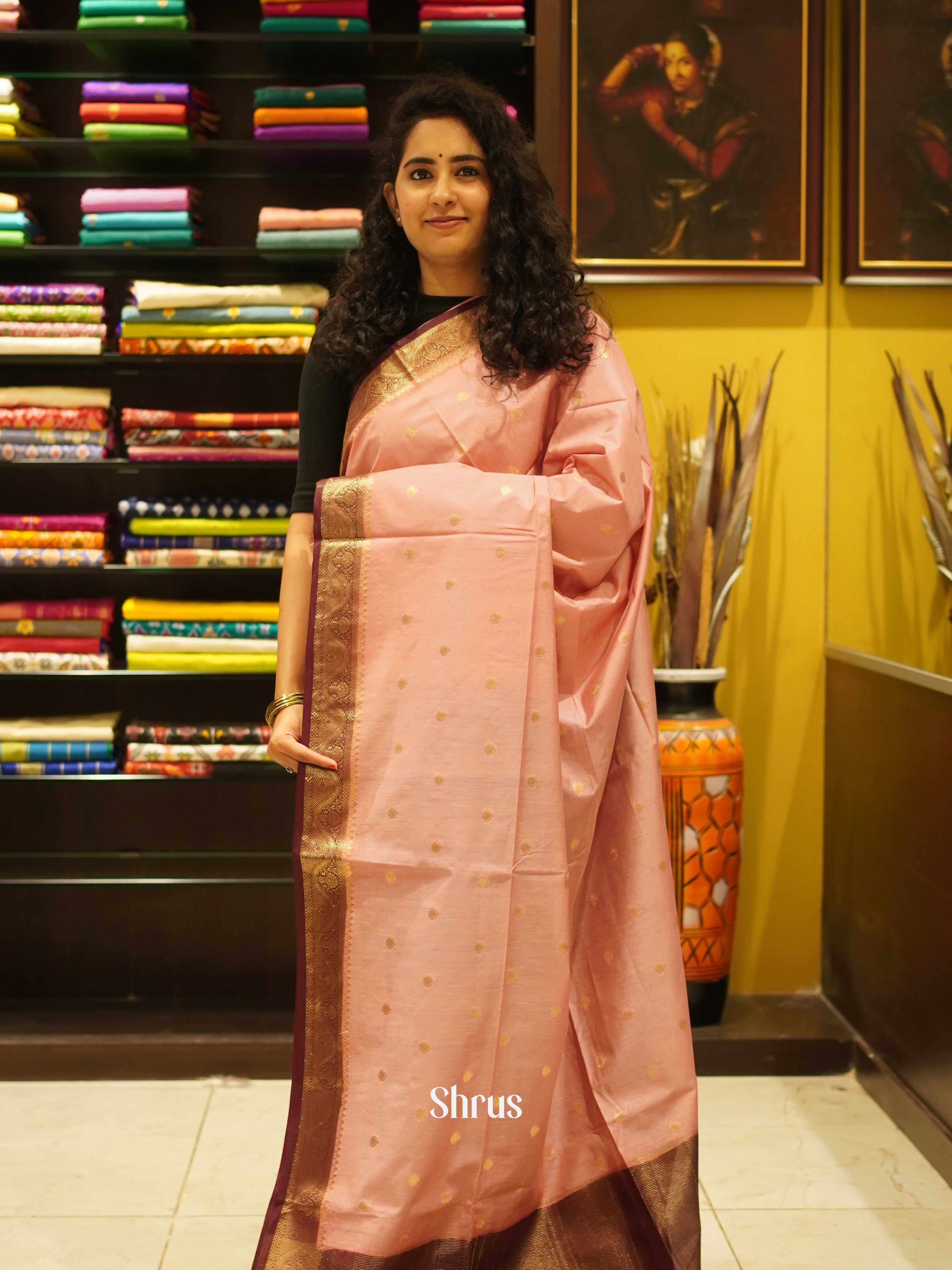 Peach & Maroon - Semi Silk Cotton Saree - Shop on ShrusEternity.com