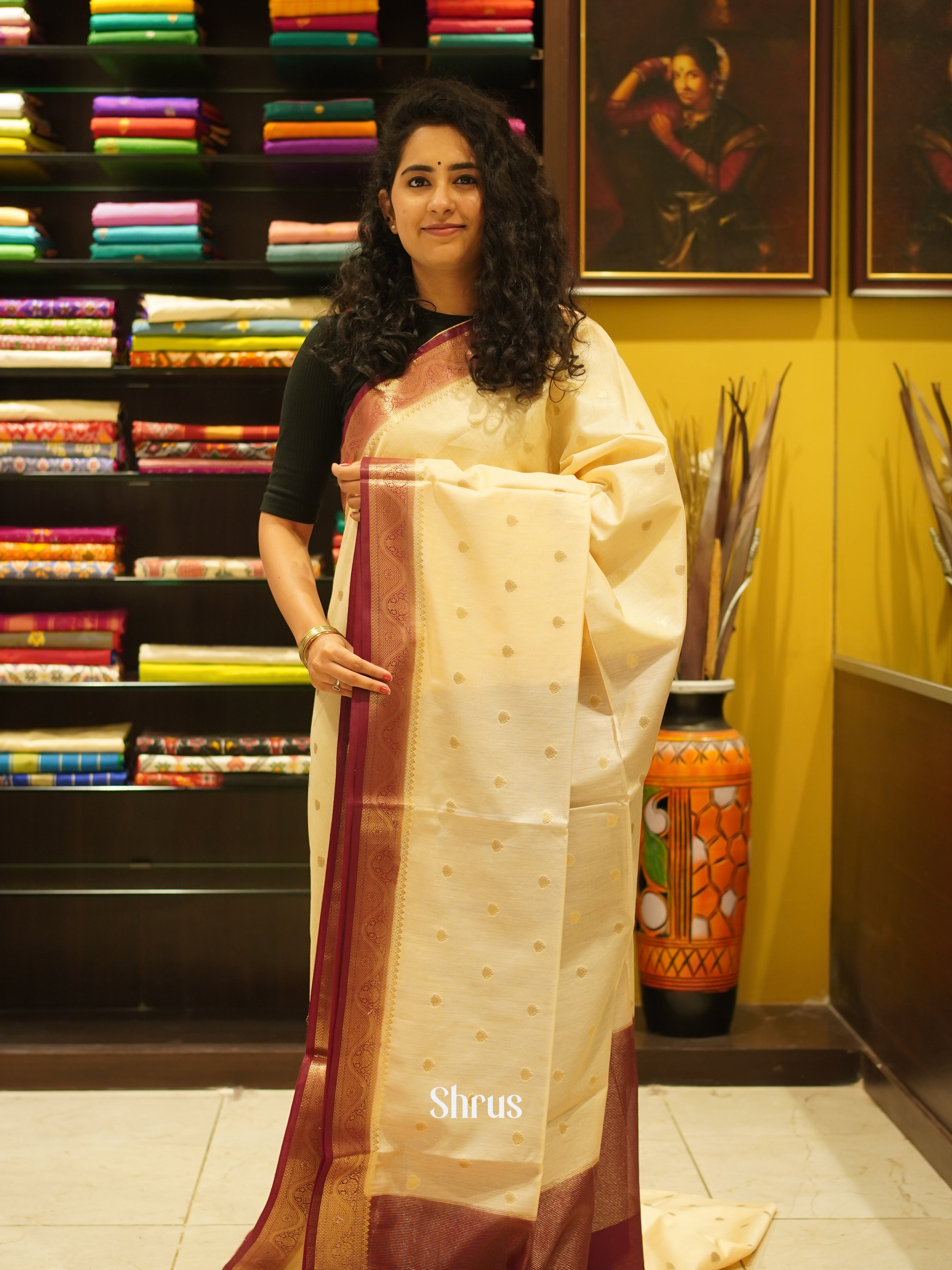 Cream & Maroon - Semi Silk Cotton saree - Shop on ShrusEternity.com