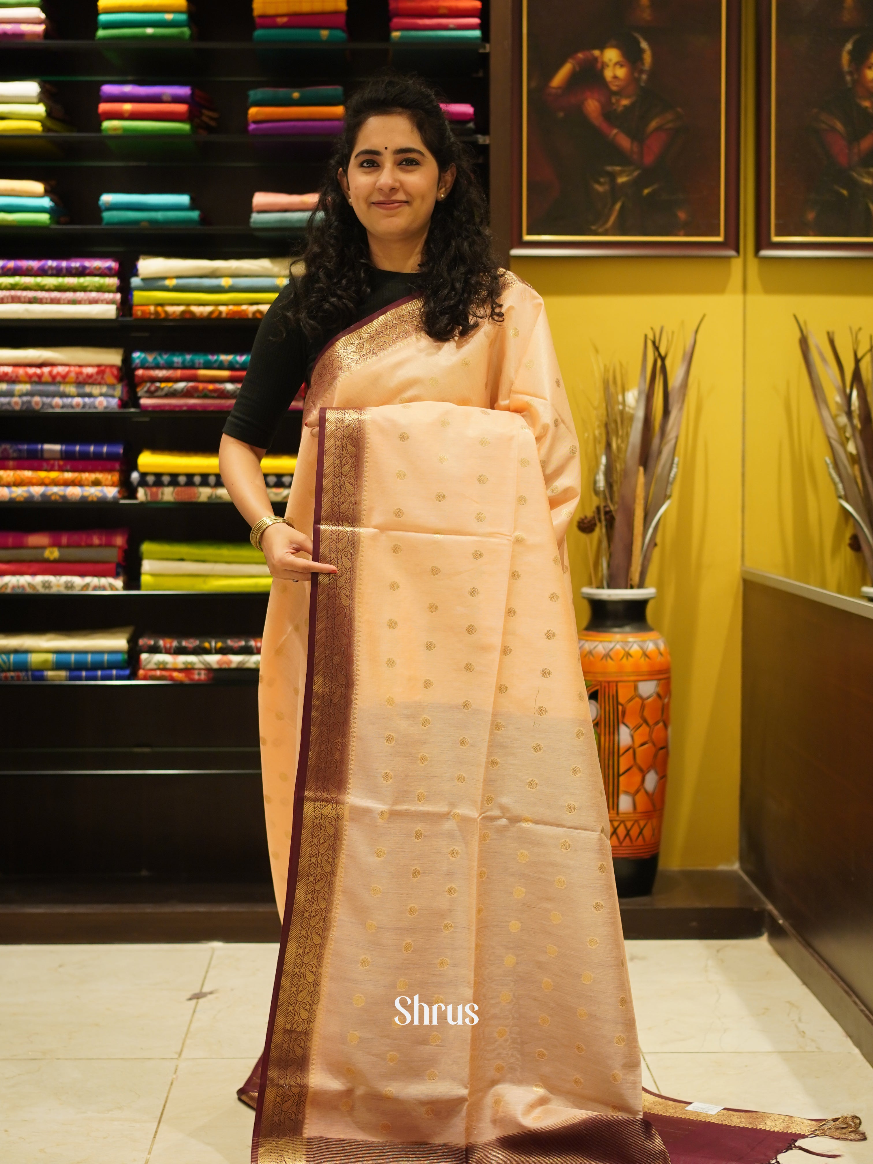 Peach & Maroon - Semi Silk Cotton Saree - Shop on ShrusEternity.com