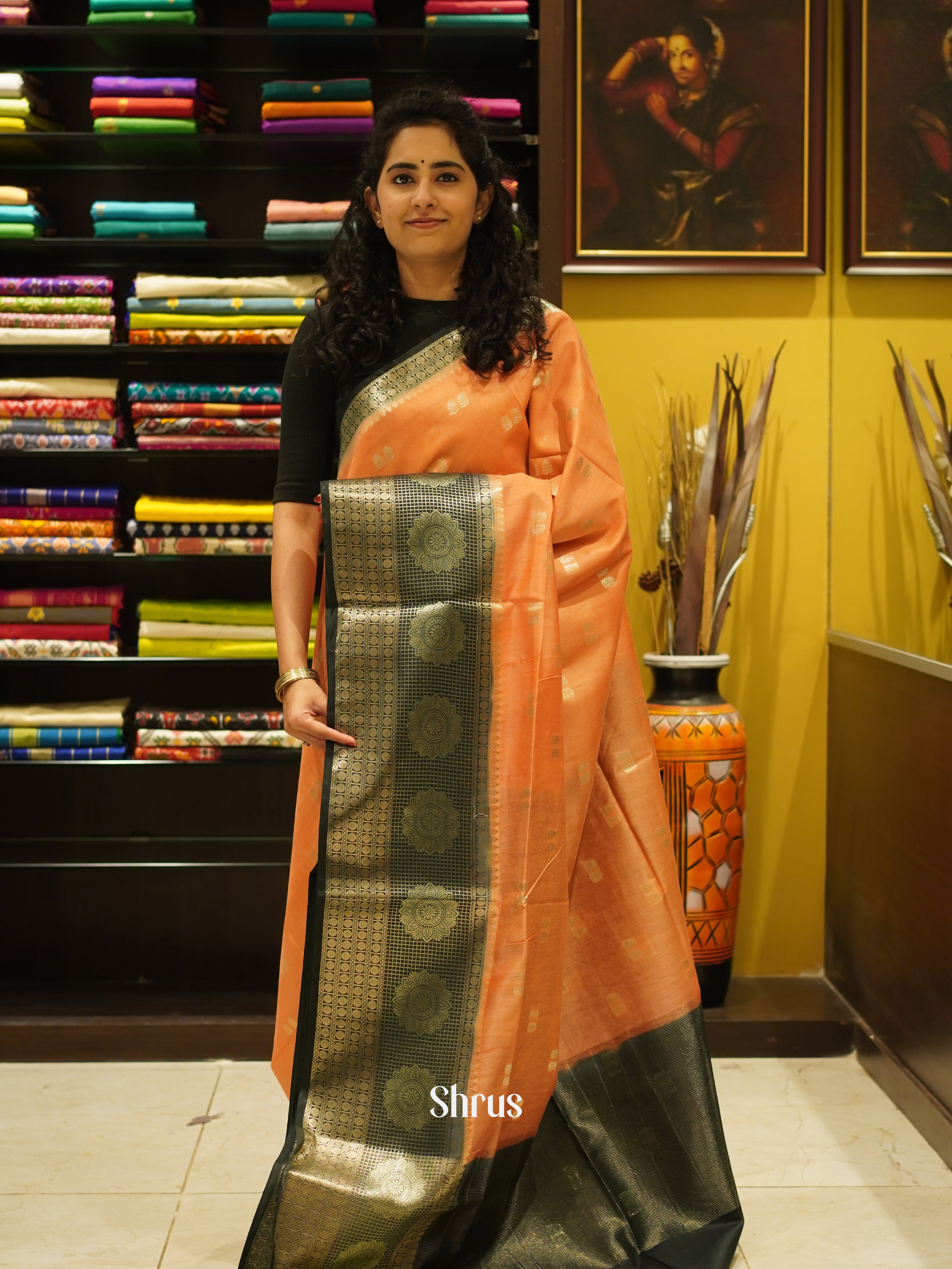 Peach & Green - Semi Silk Cotton Saree - Shop on ShrusEternity.com