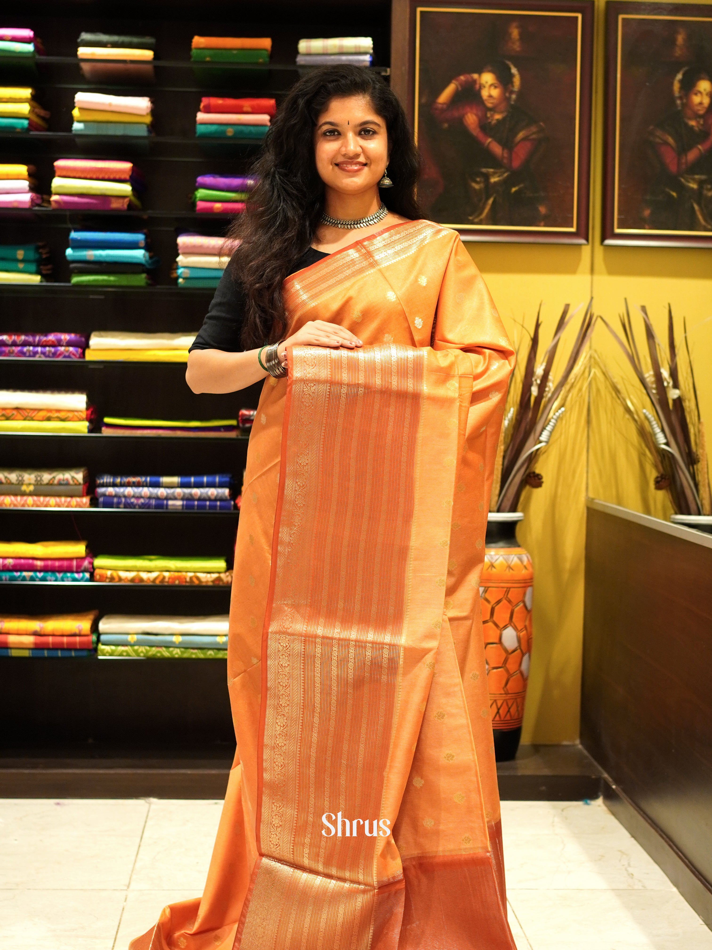 Orange & Red - North silkcotton Saree - Shop on ShrusEternity.com