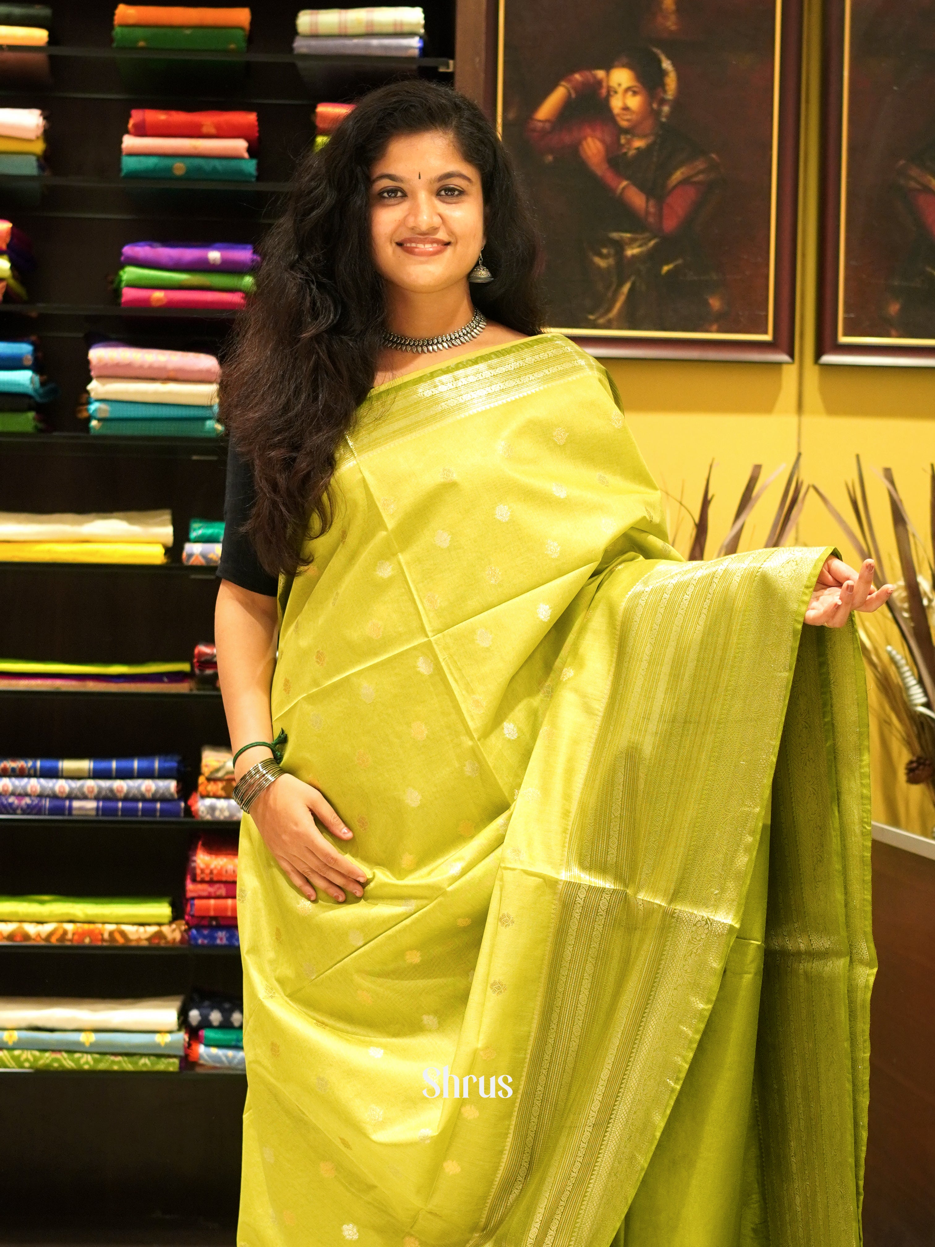 Lime Green & Green - North silkcotton Saree - Shop on ShrusEternity.com