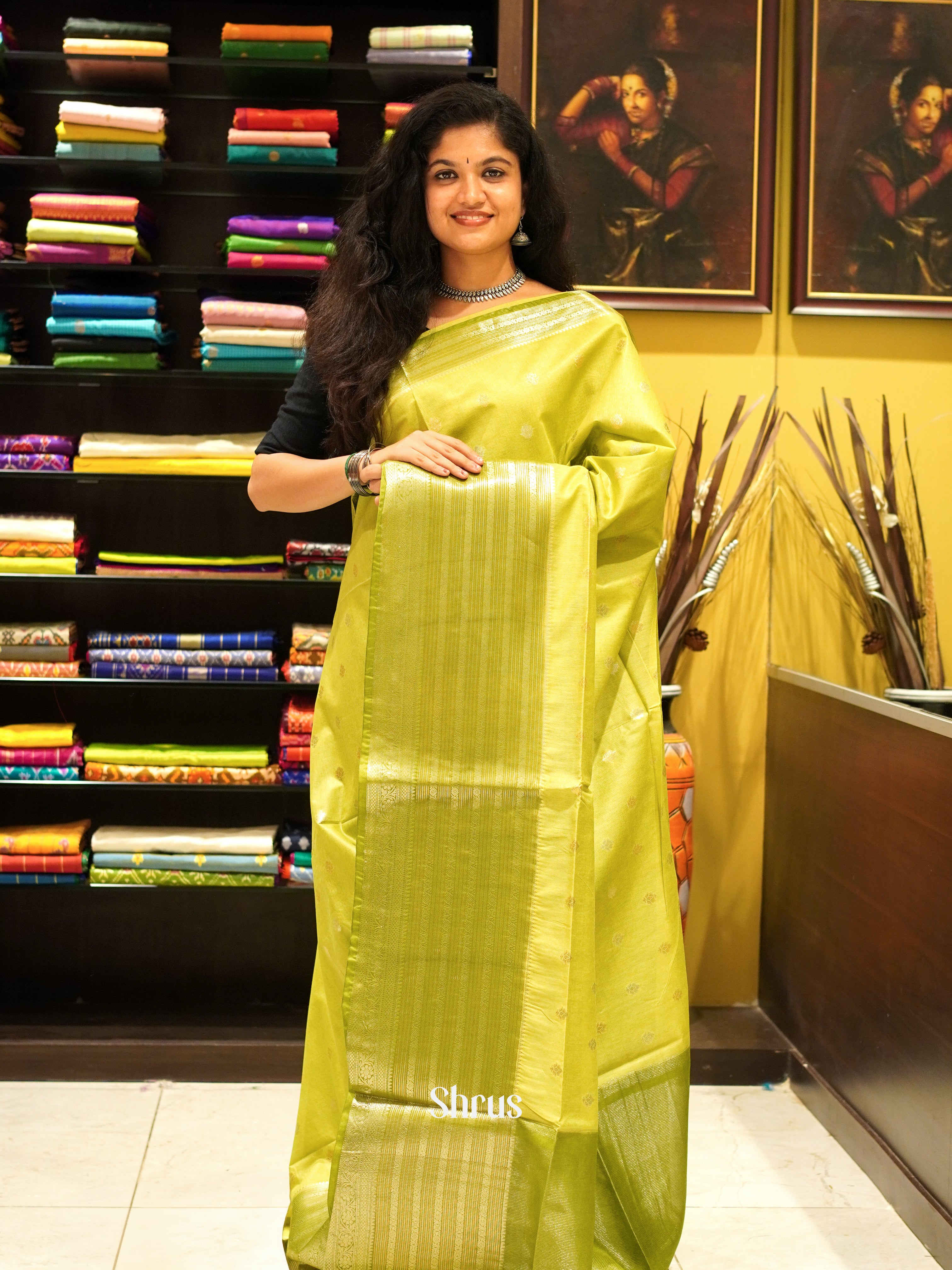 Lime Green & Green - North silkcotton Saree - Shop on ShrusEternity.com