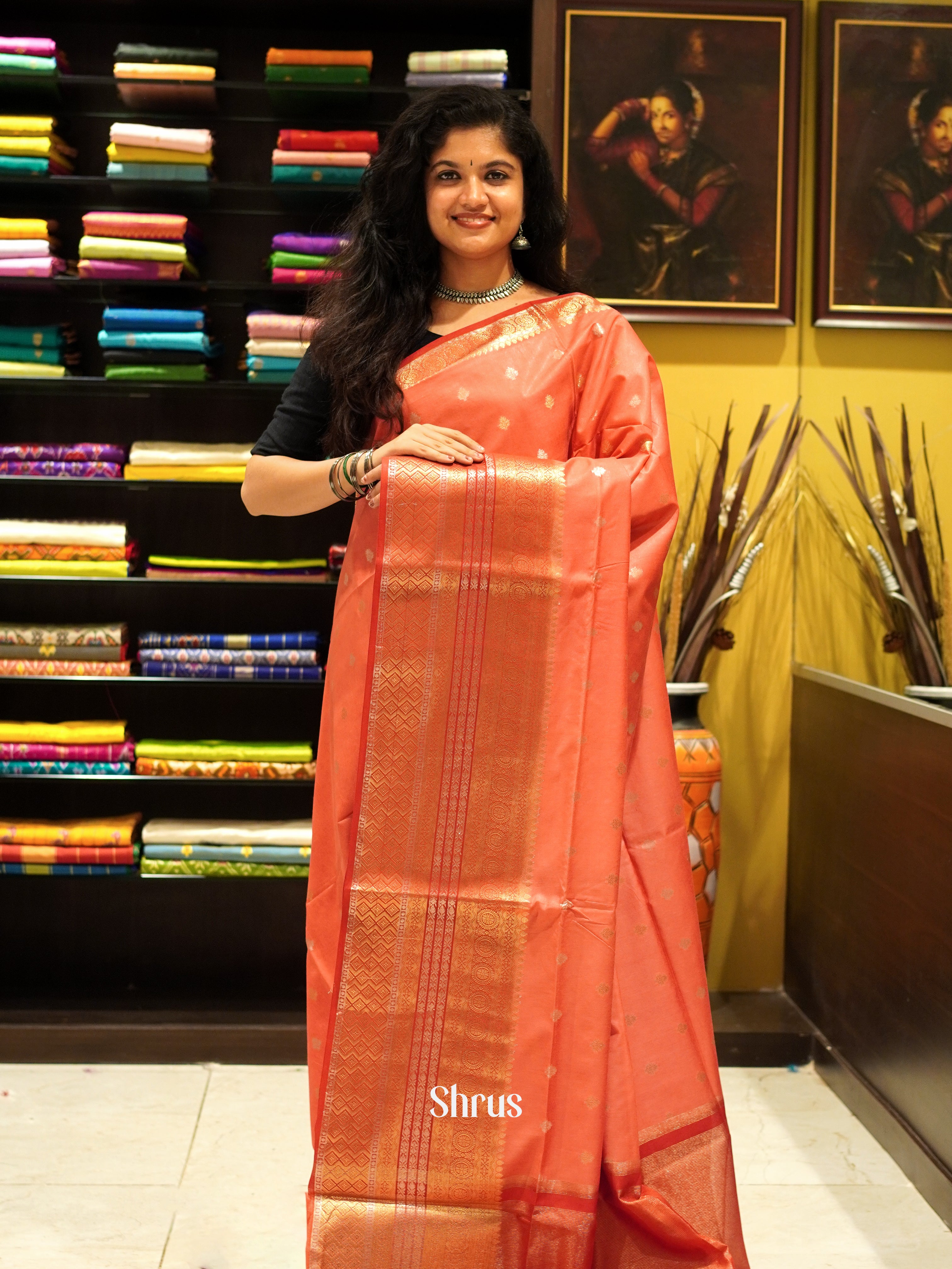 Orangish Pink & Red - North silkcotton Saree - Shop on ShrusEternity.com