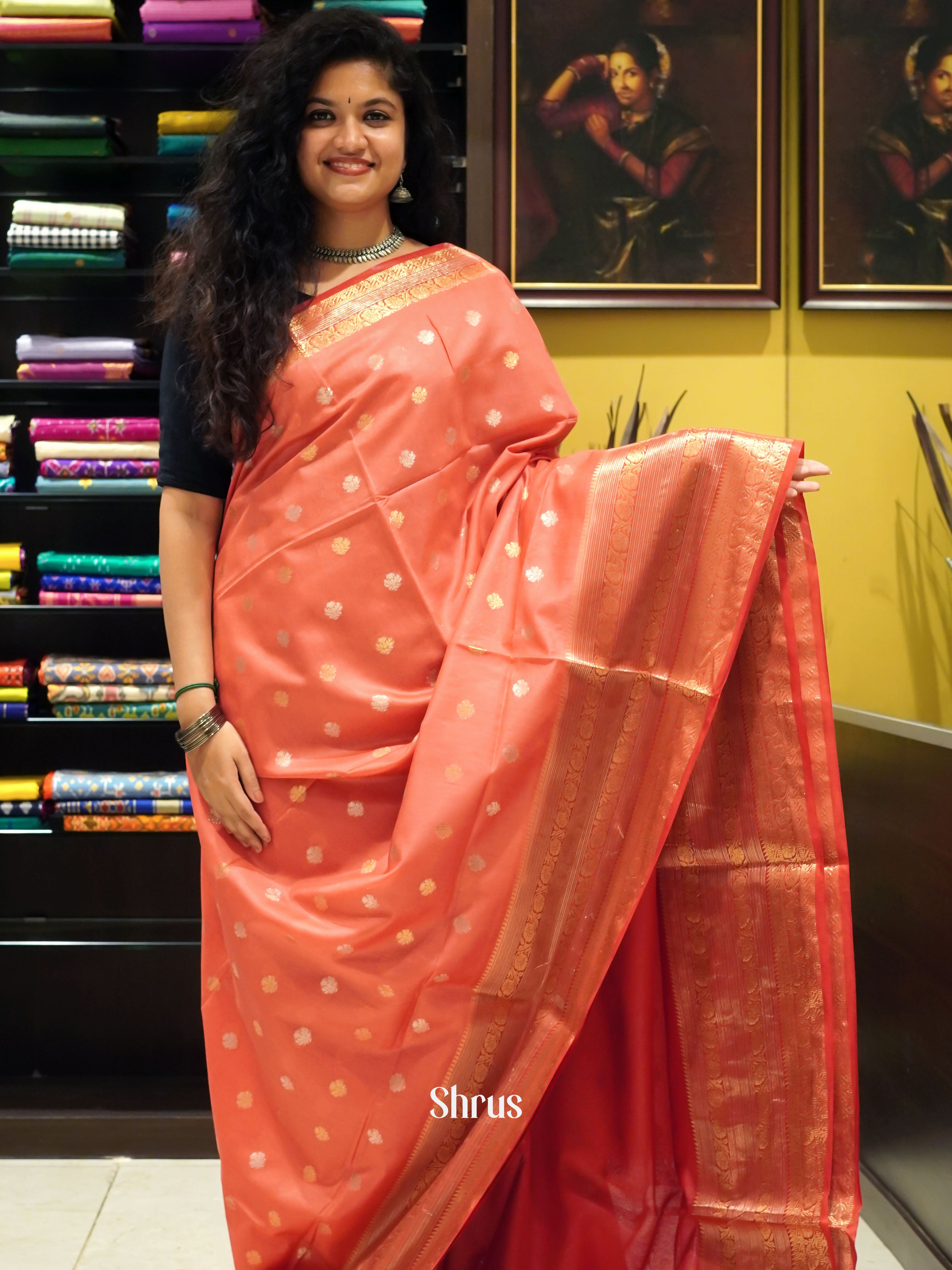 Orangish Pink & Red - North silkcotton Saree - Shop on ShrusEternity.com