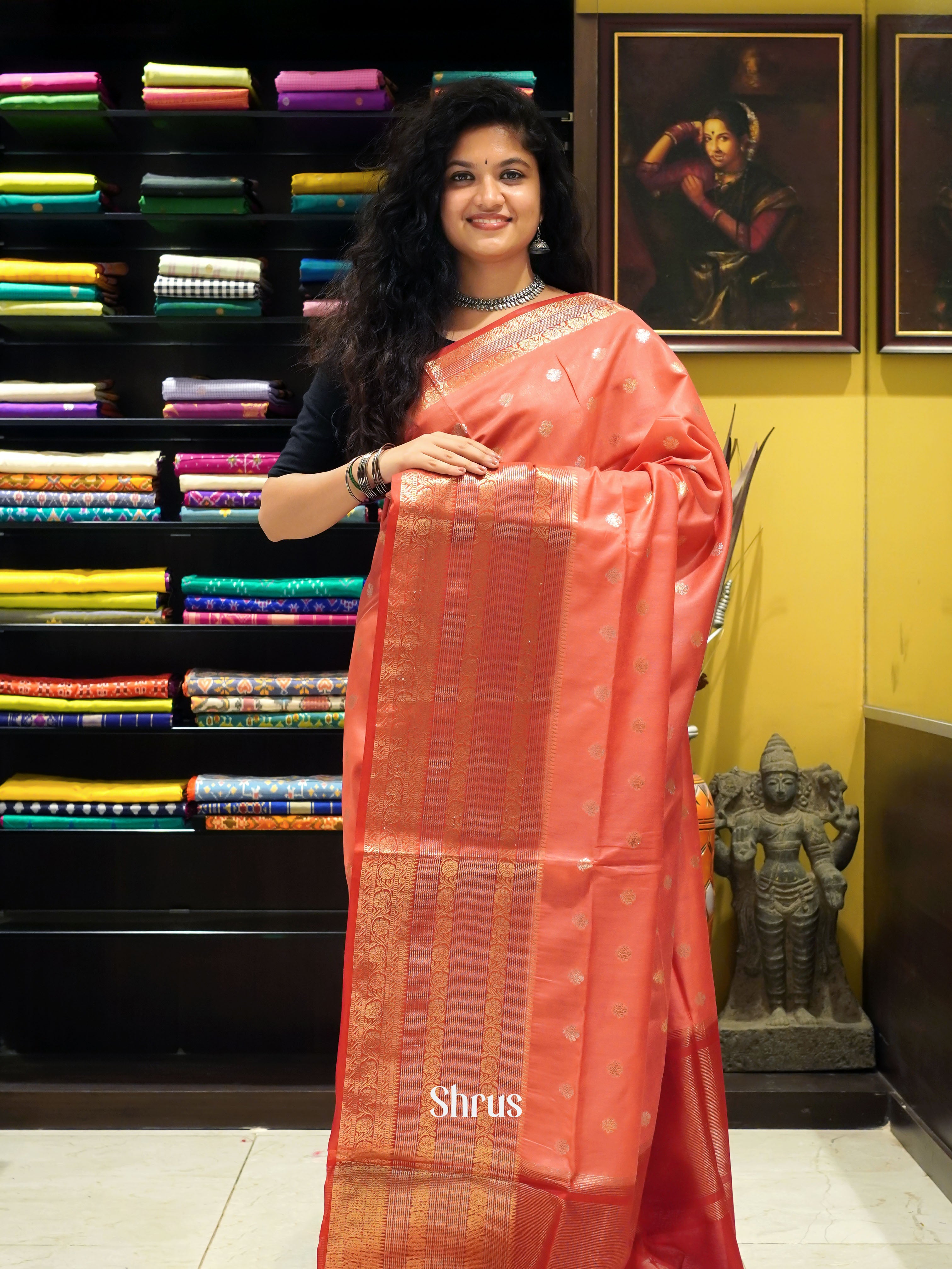 Orangish Pink & Red - North silkcotton Saree - Shop on ShrusEternity.com