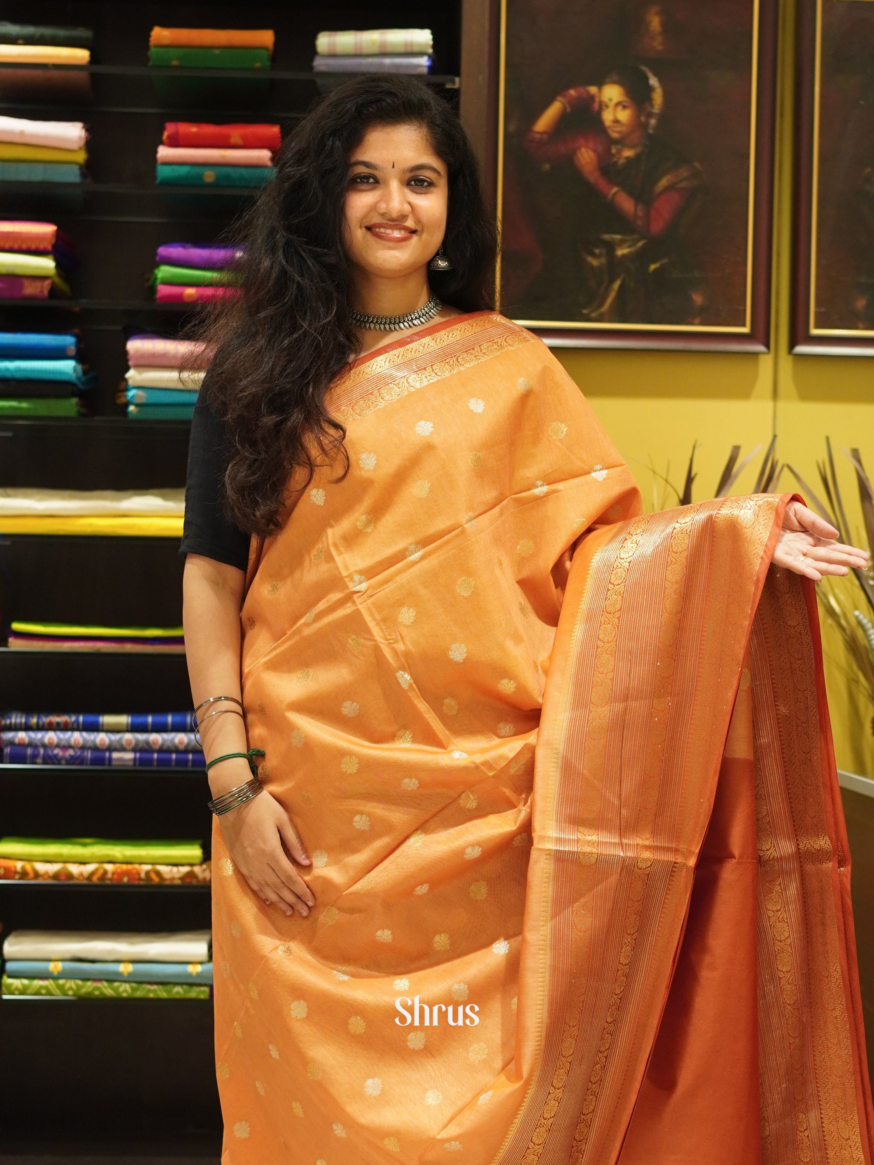 Orangish Peach & Red - North Silkcotton Saree - Shop on ShrusEternity.com