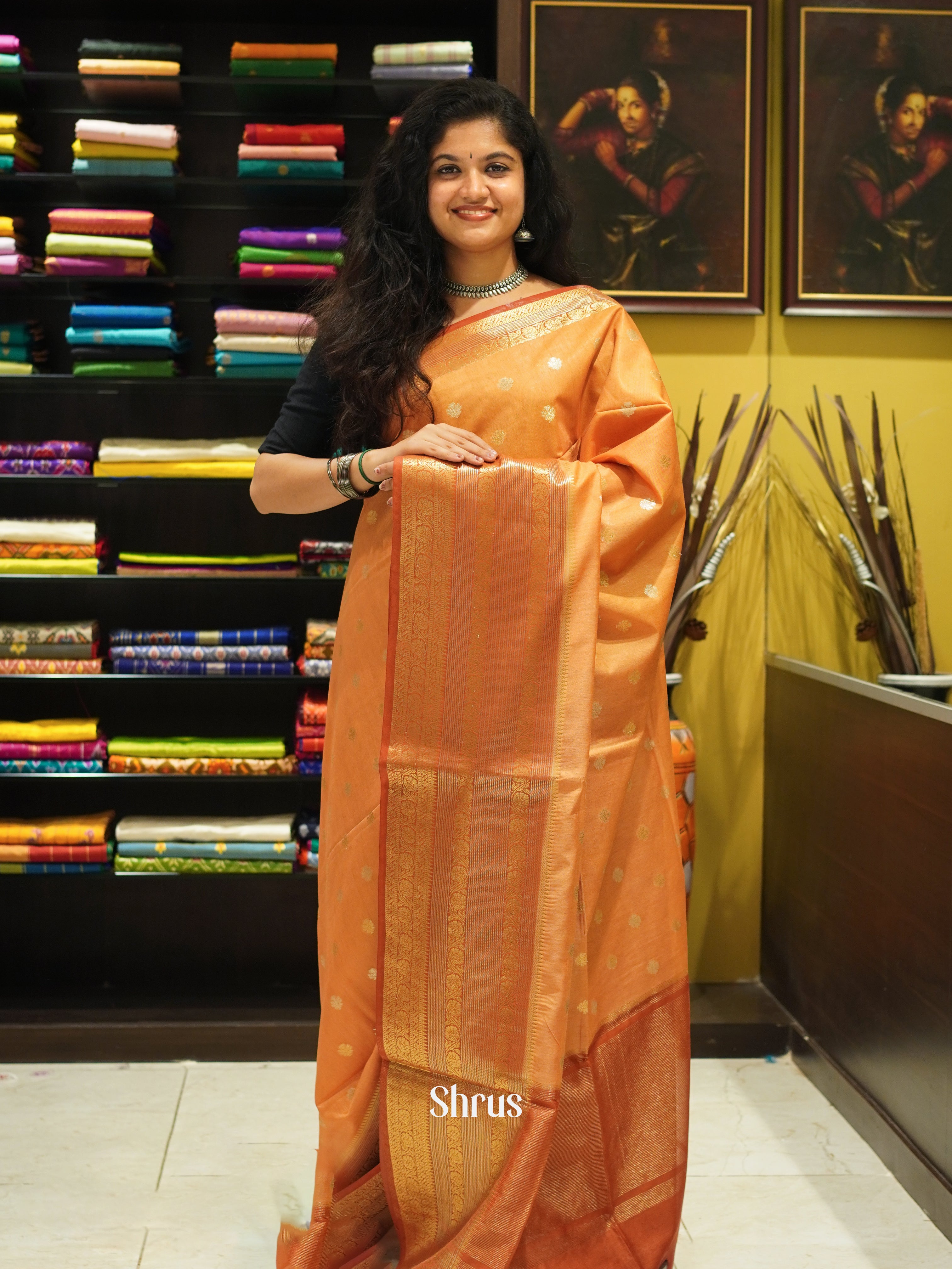 Orangish Peach & Red - North Silkcotton Saree - Shop on ShrusEternity.com