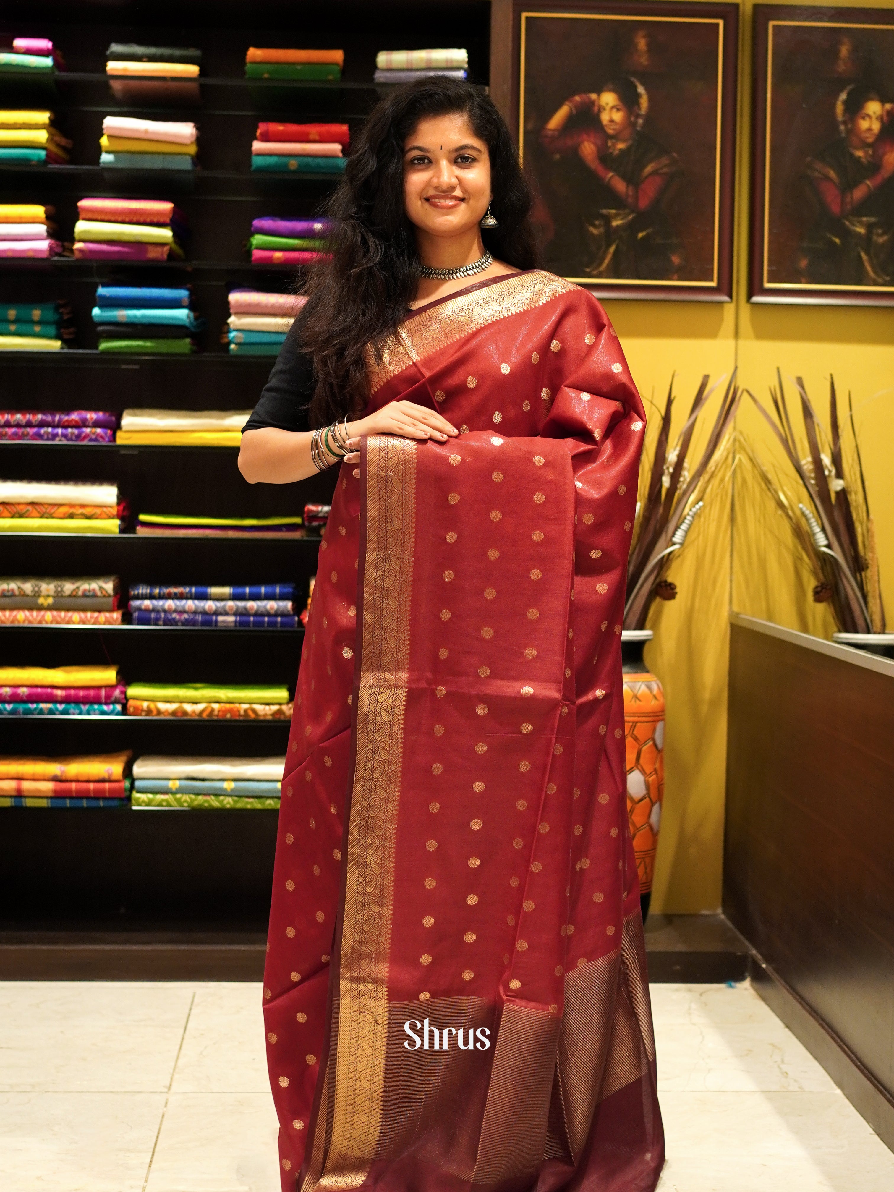 Red & Maroon - North silkcotton Saree - Shop on ShrusEternity.com