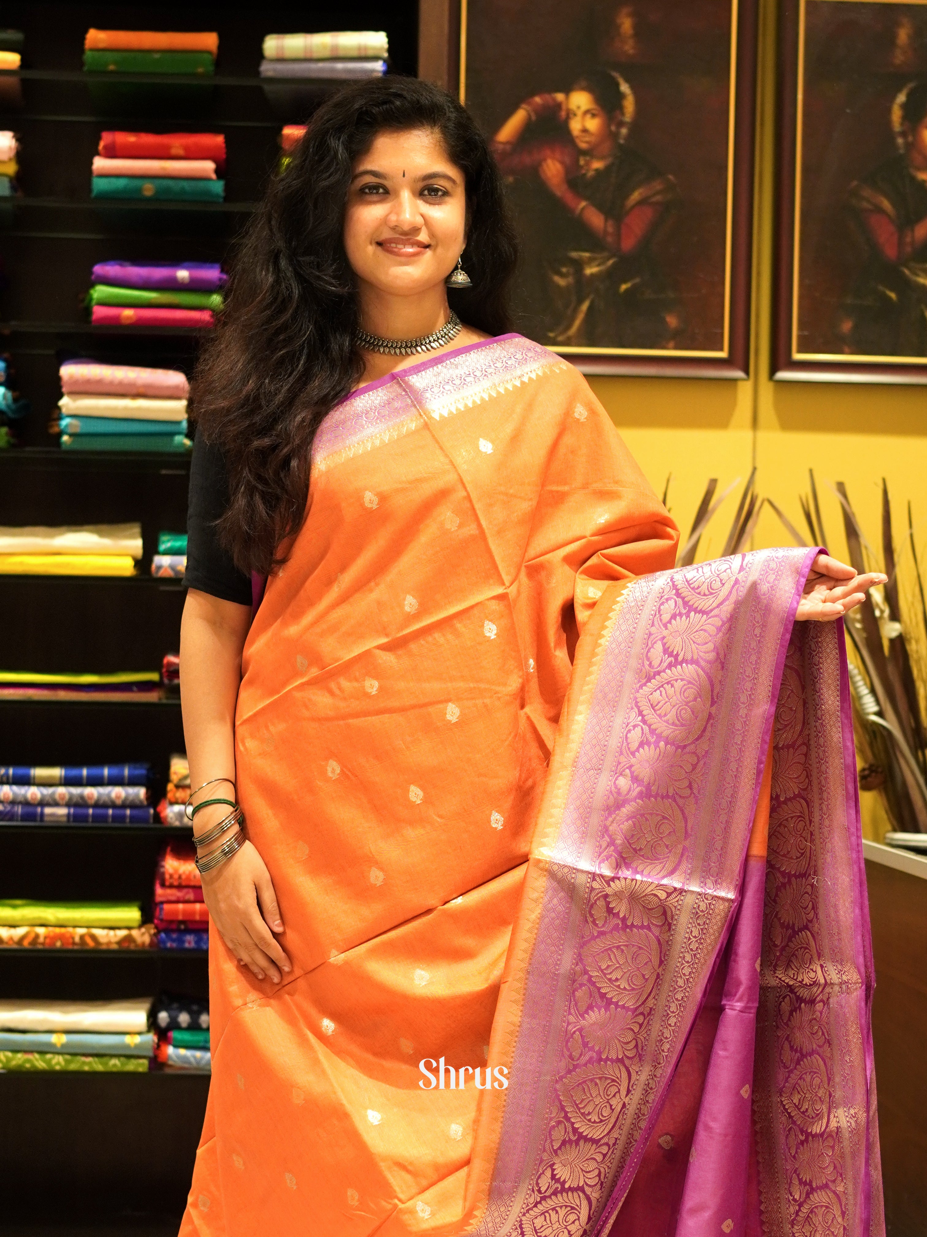 Orange & Purple - North silkcotton Saree - Shop on ShrusEternity.com
