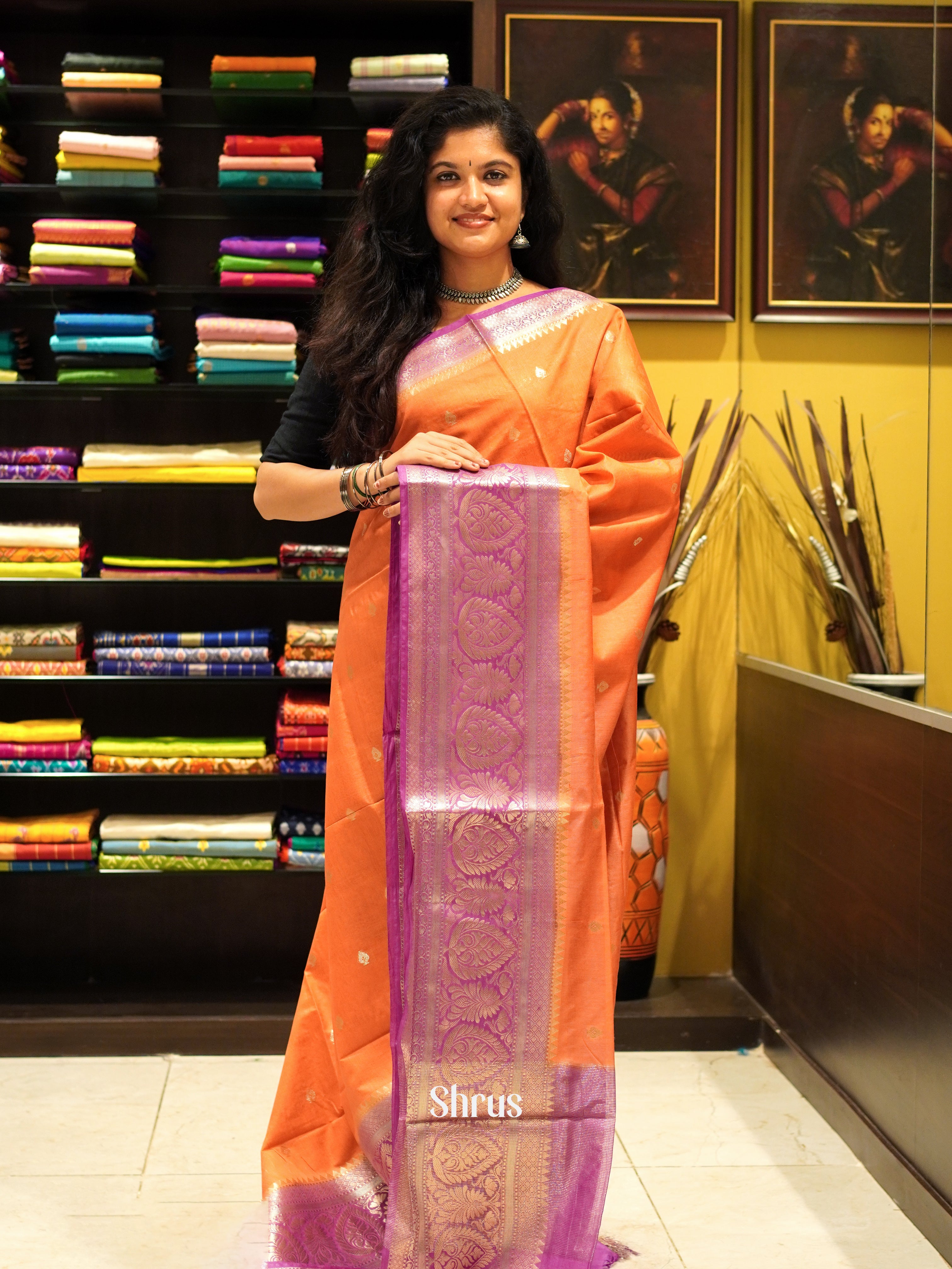 Orange & Purple - North silkcotton Saree - Shop on ShrusEternity.com