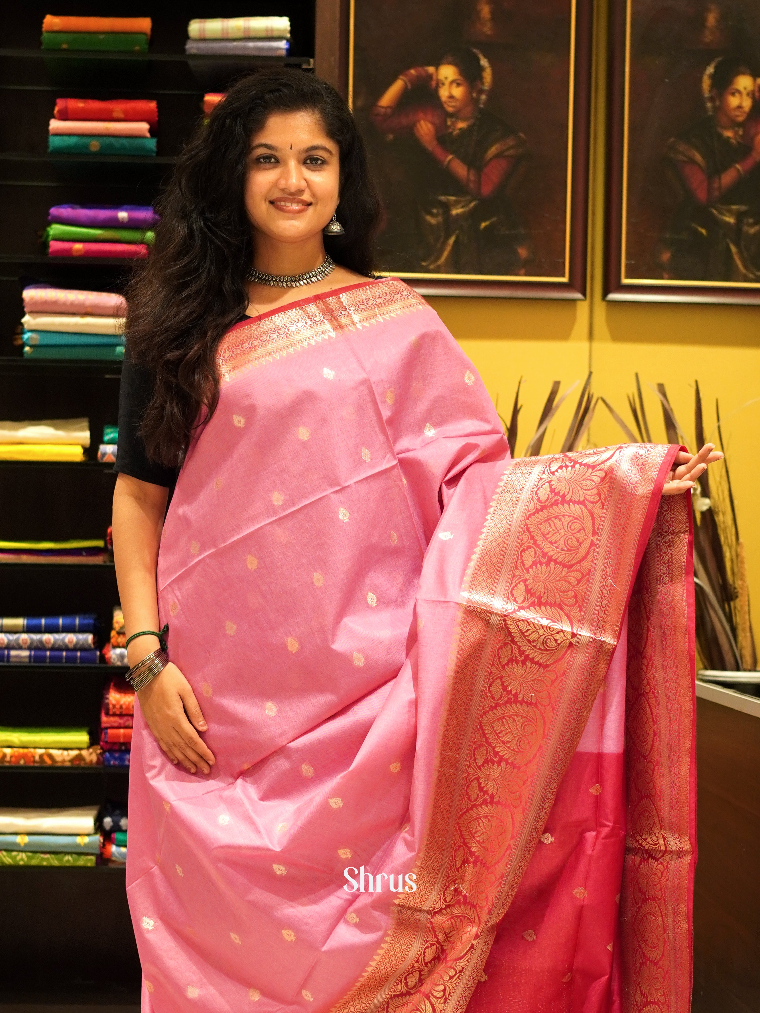 Pink & Red - North silkcotton Saree - Shop on ShrusEternity.com