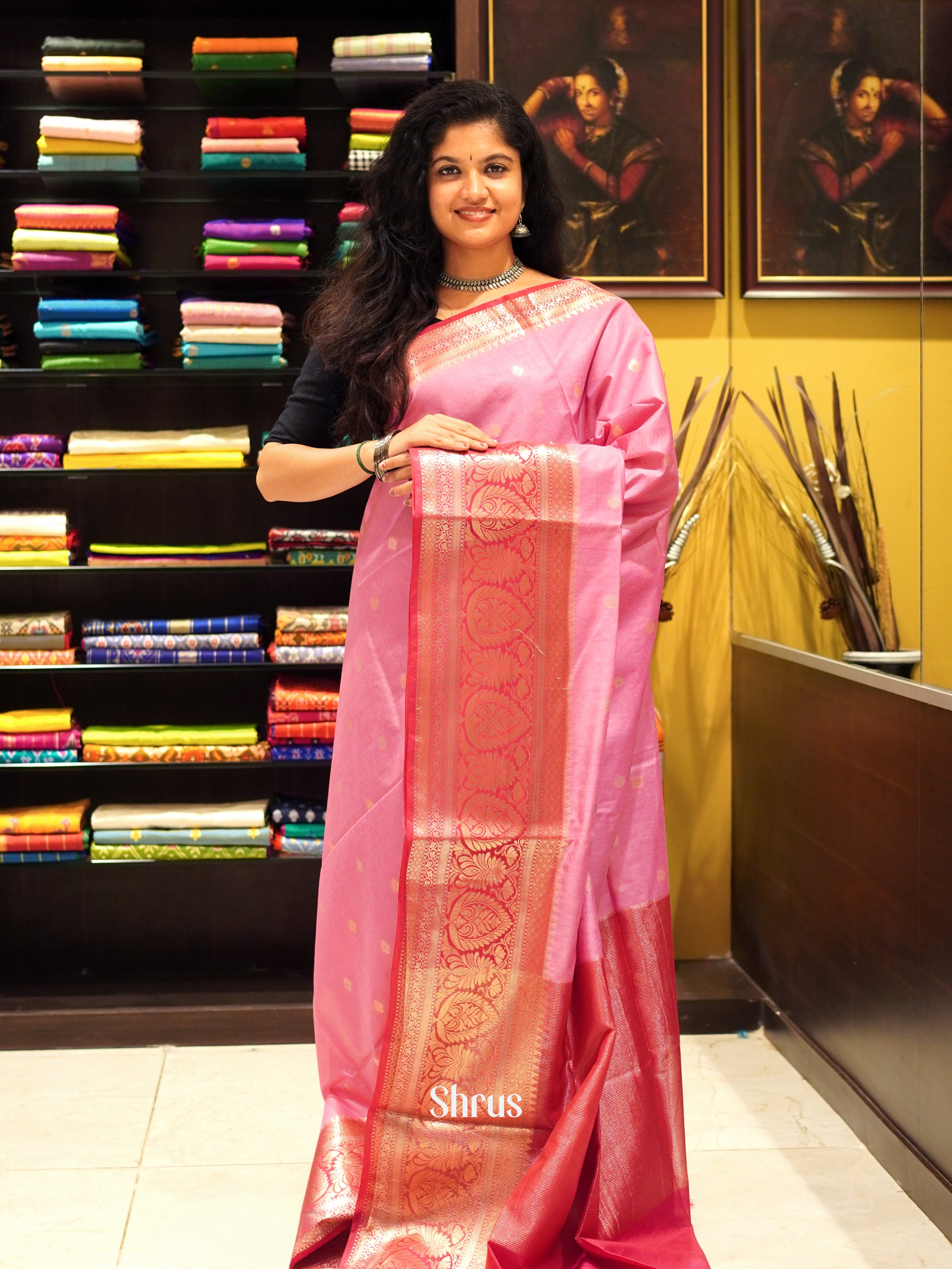 Pink & Red - North silkcotton Saree - Shop on ShrusEternity.com