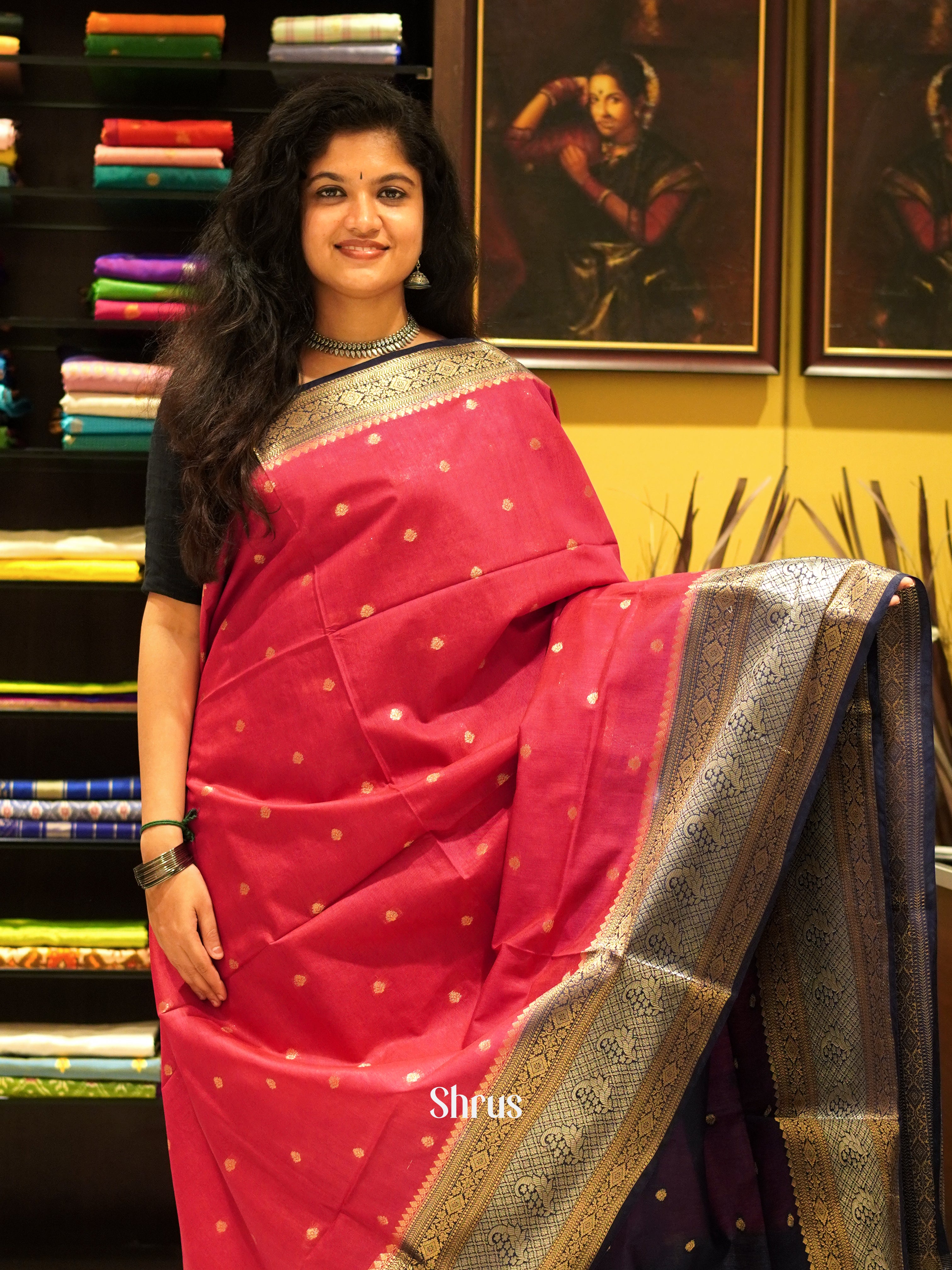 Reddish Pink & Blue - North silkcotton Saree - Shop on ShrusEternity.com