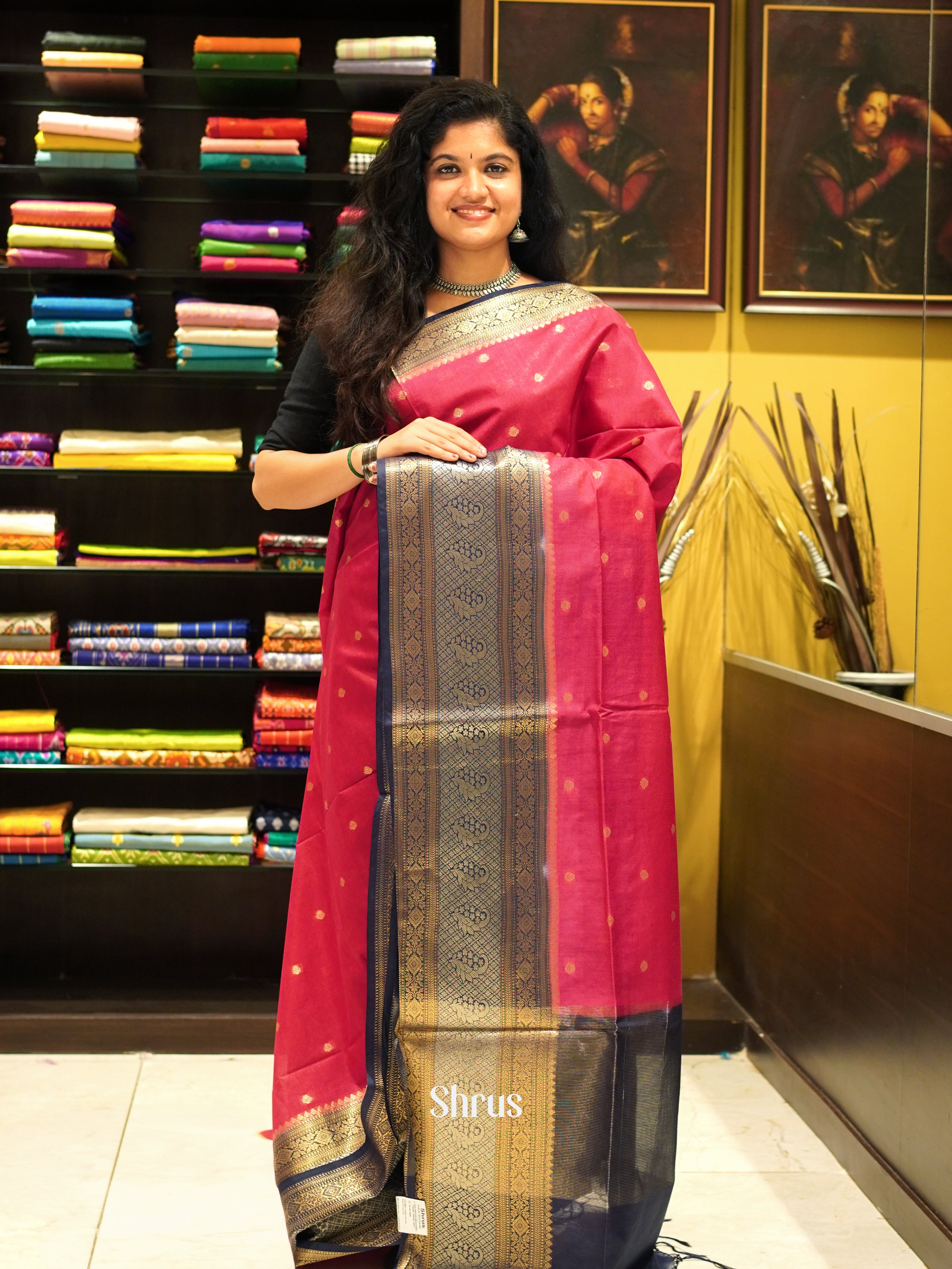 Reddish Pink & Blue - North silkcotton Saree - Shop on ShrusEternity.com