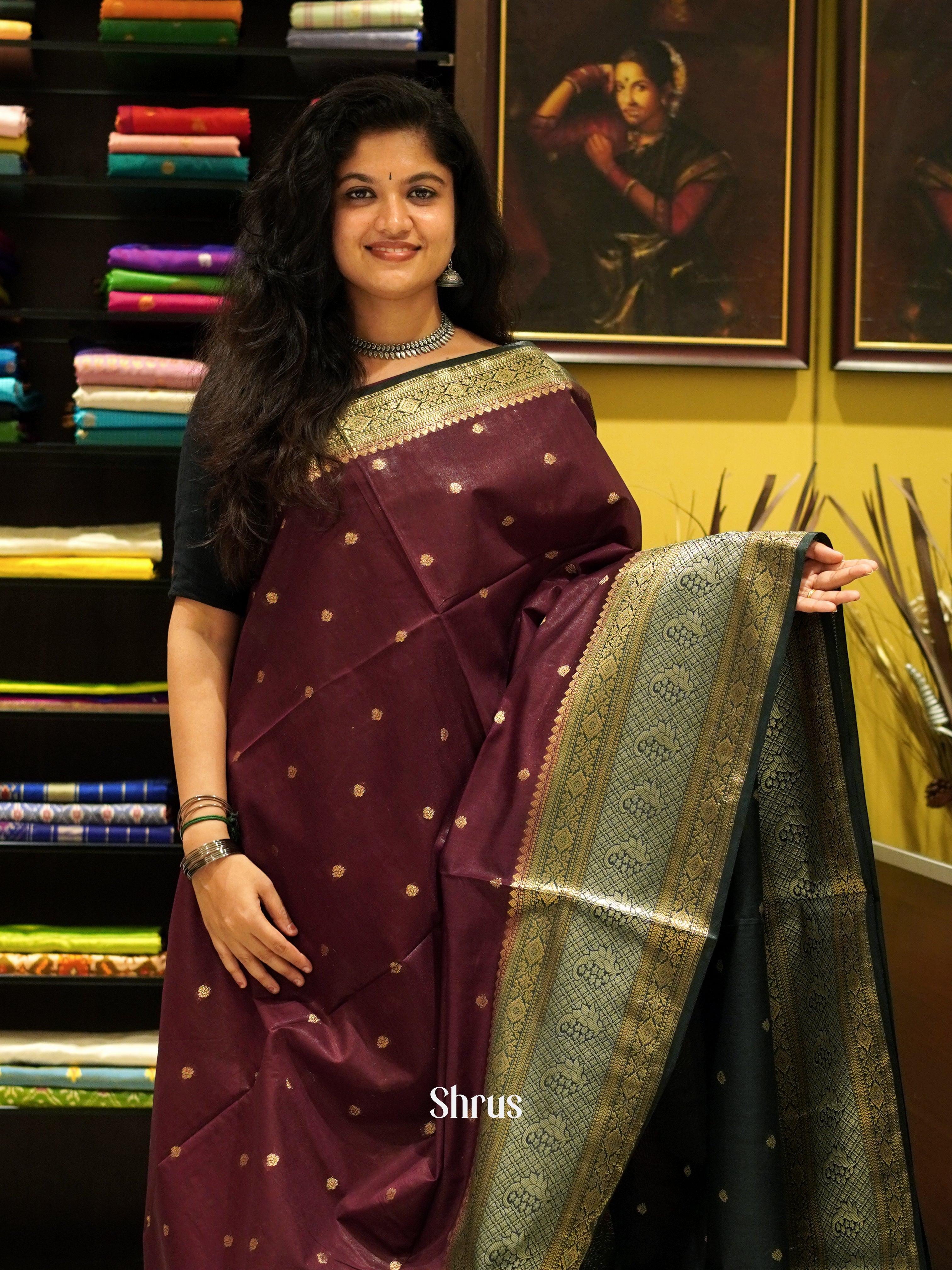 Maroon & Black - North silkcotton Saree - Shop on ShrusEternity.com