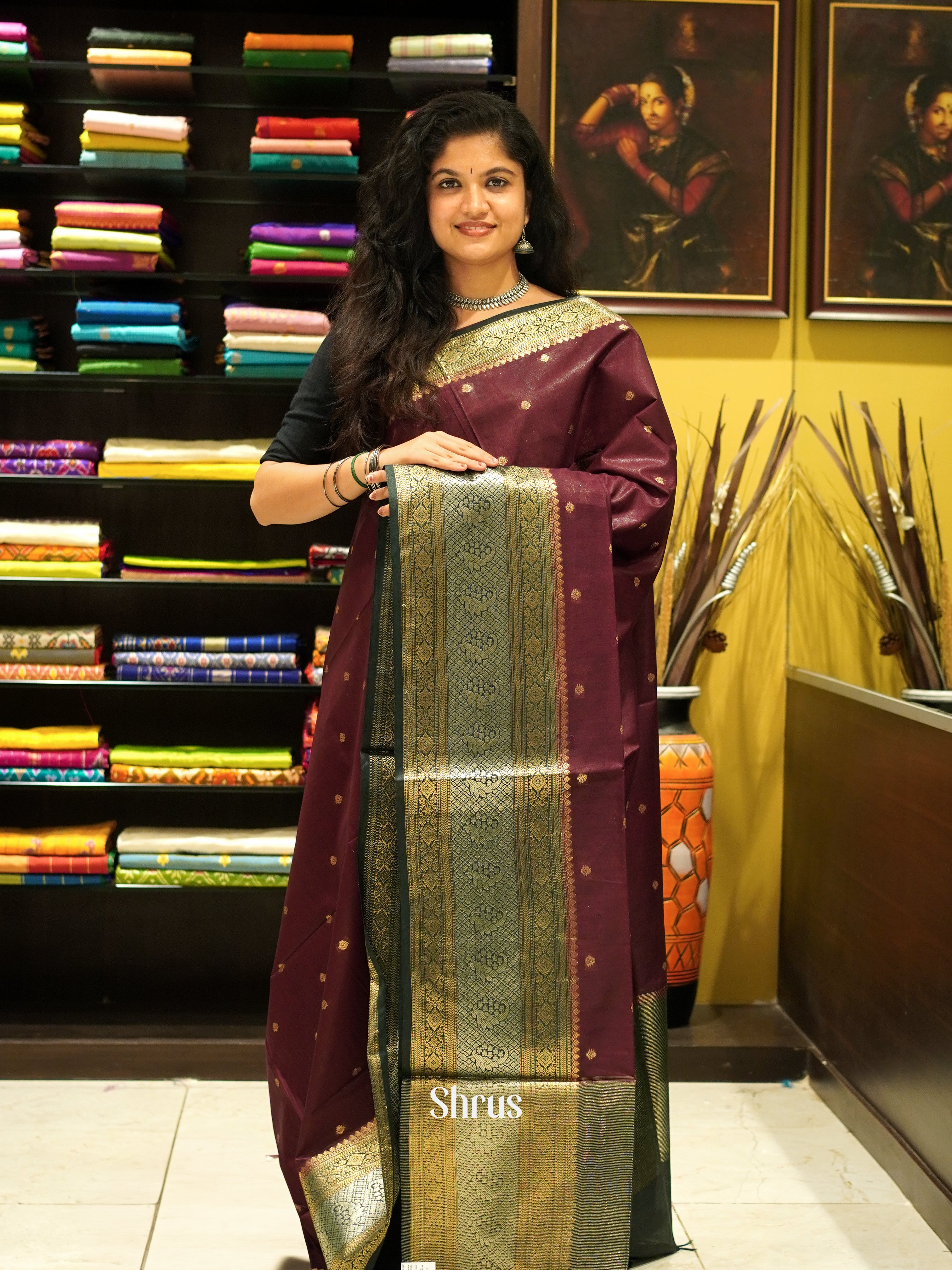 Maroon & Black - North silkcotton Saree - Shop on ShrusEternity.com