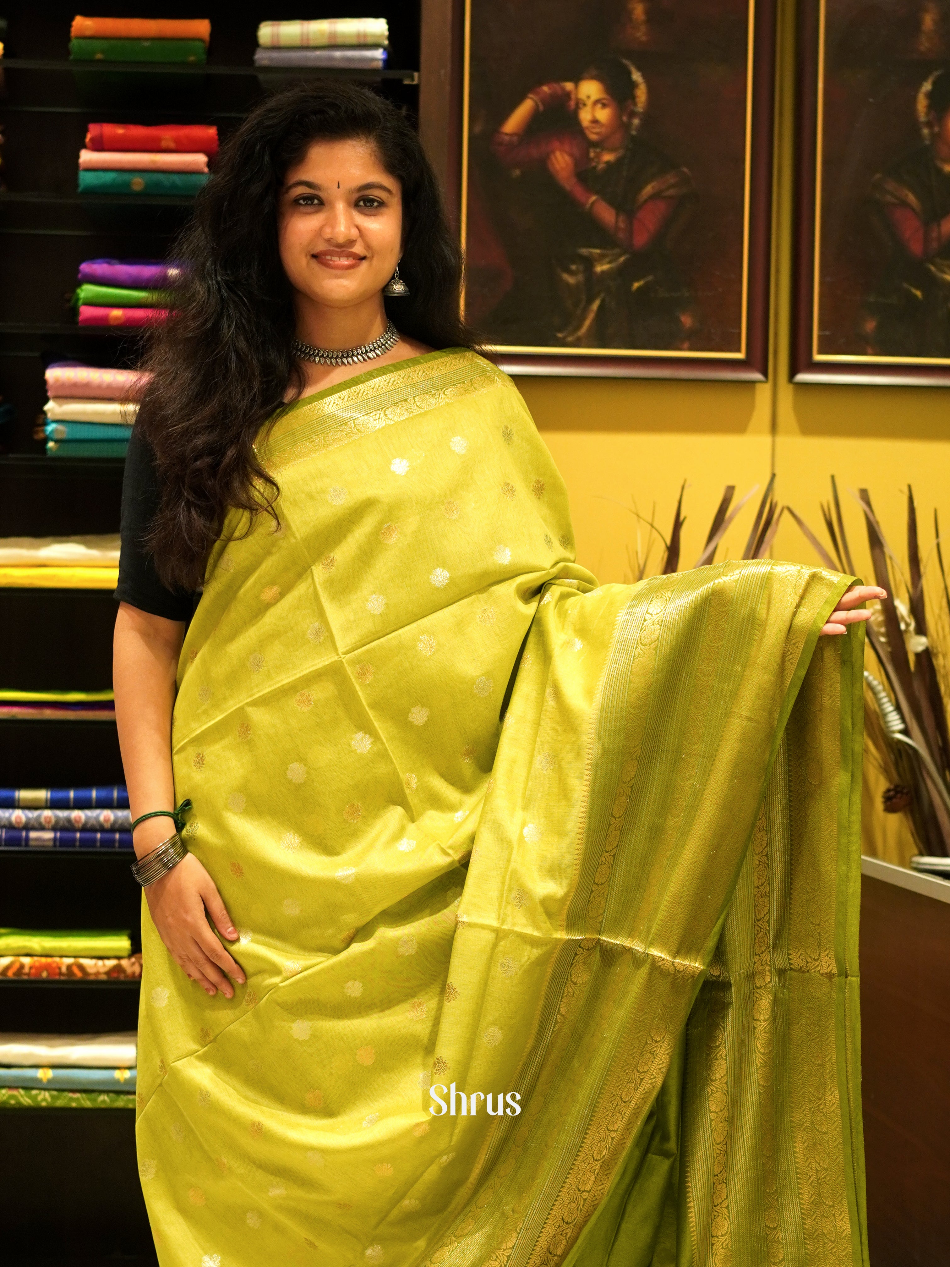 Lime Green & Green - North silkcotton Saree - Shop on ShrusEternity.com