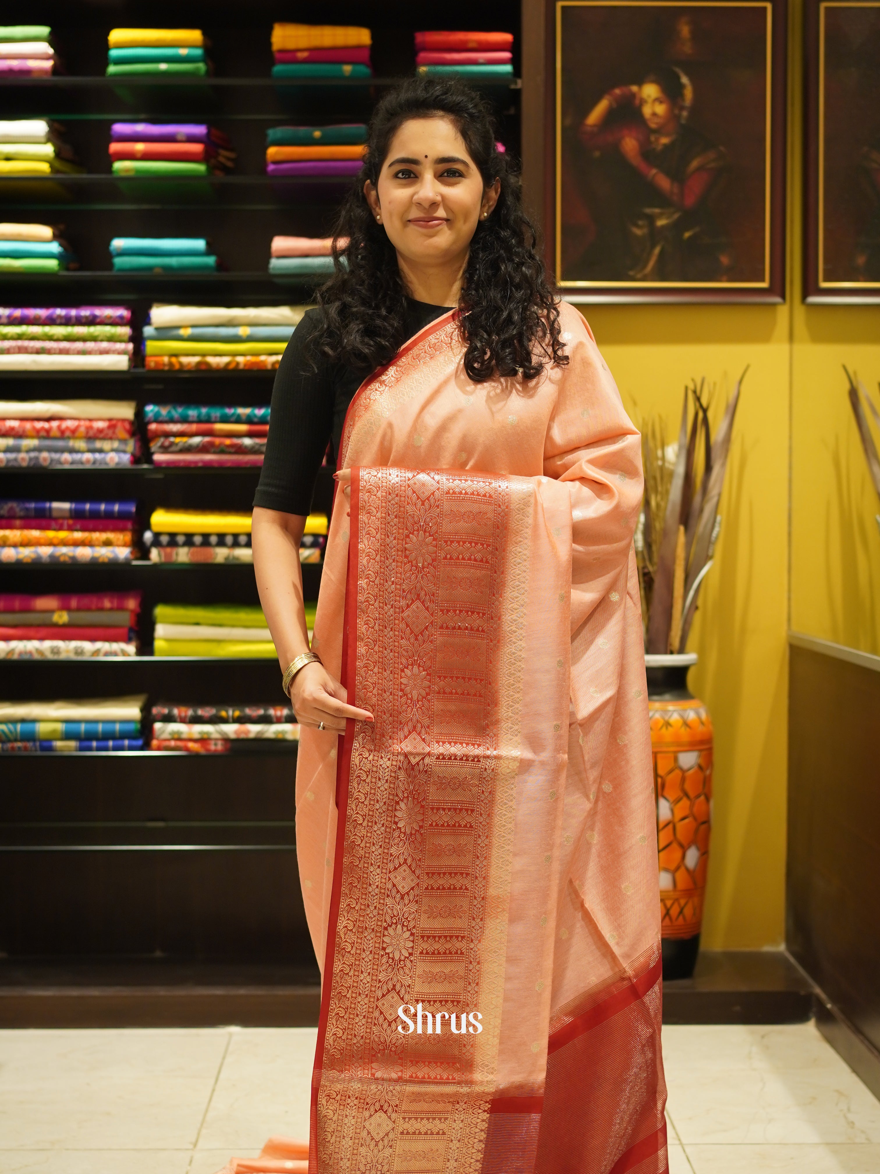Peachish Pink & Red - Semi Silk Cotton saree - Shop on ShrusEternity.com