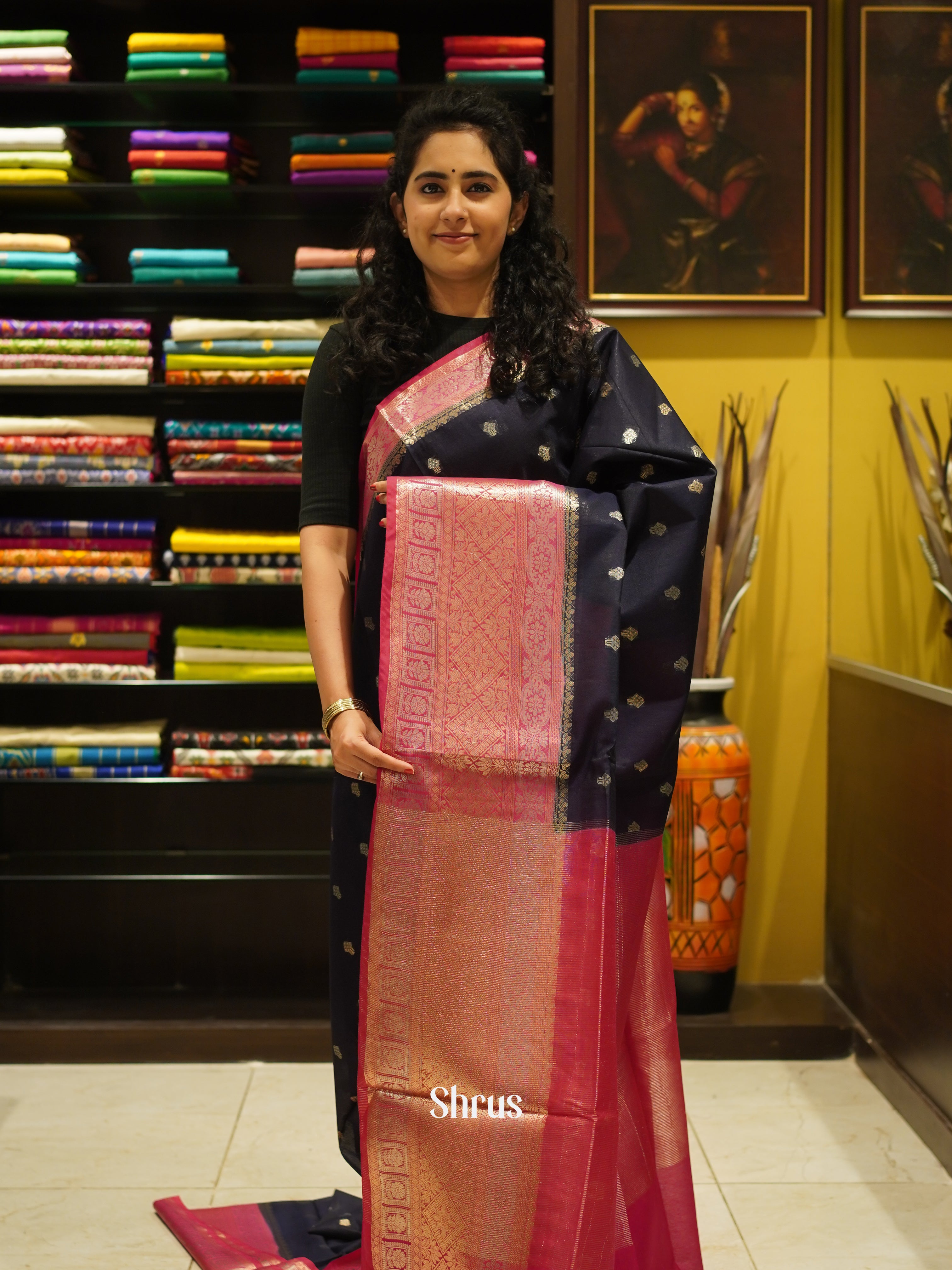 Dark Blue & Pink - Semi Silk Cotton Saree - Shop on ShrusEternity.com