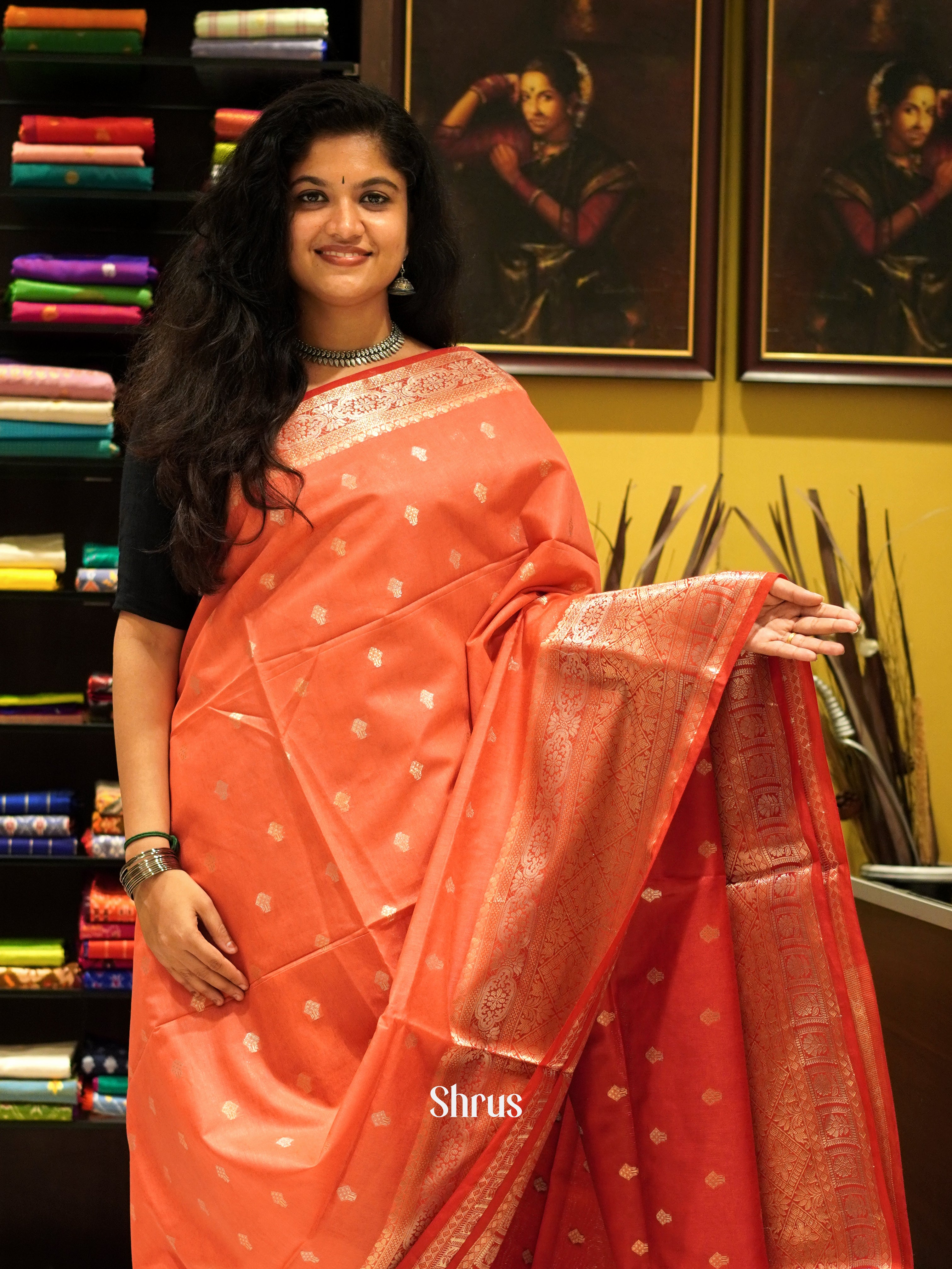 Orangish Pink & Red - North silkcotton Saree - Shop on ShrusEternity.com