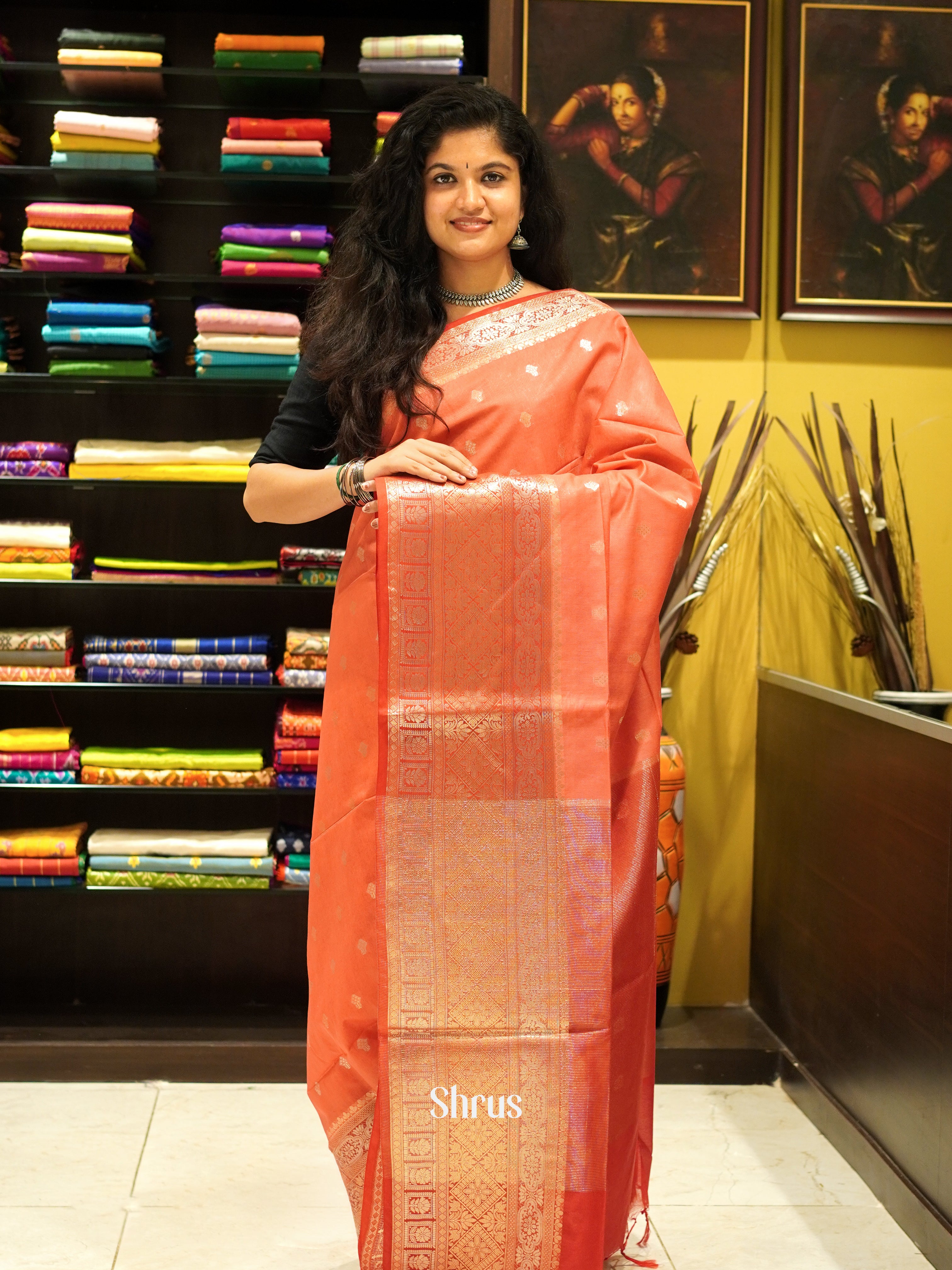 Orangish Pink & Red - North silkcotton Saree - Shop on ShrusEternity.com