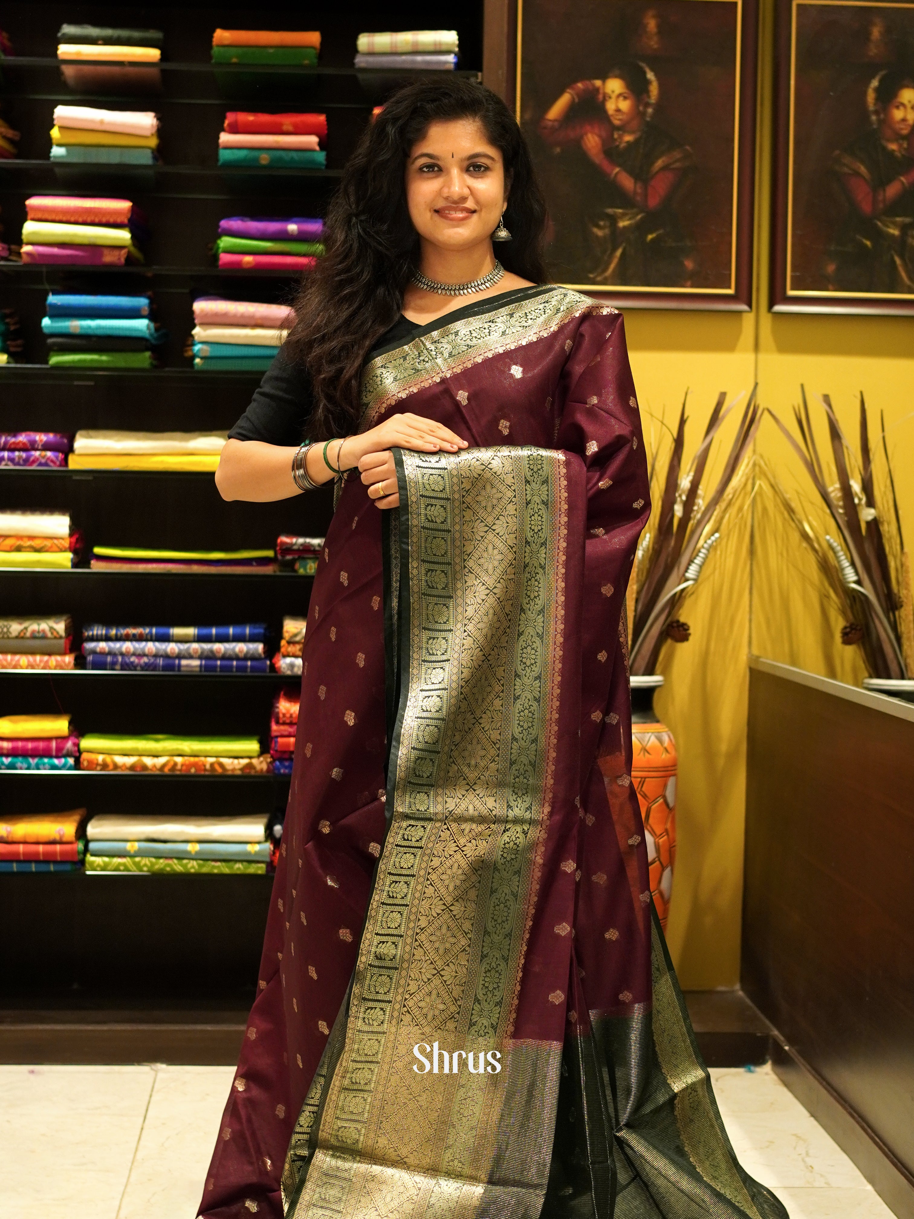 Brown & Black - North silkcotton Saree - Shop on ShrusEternity.com