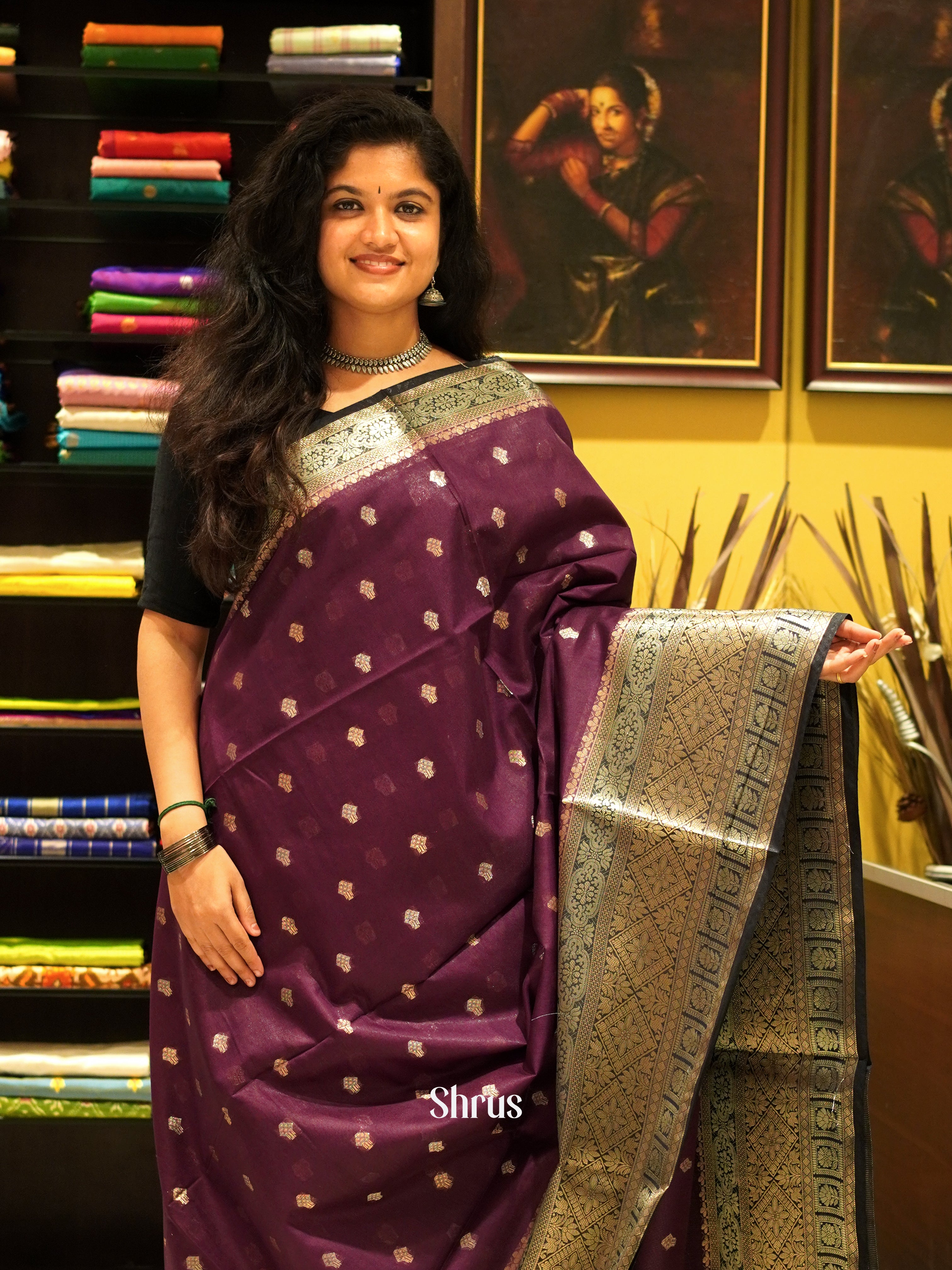 Wine & Black- North silkcotton Saree - Shop on ShrusEternity.com