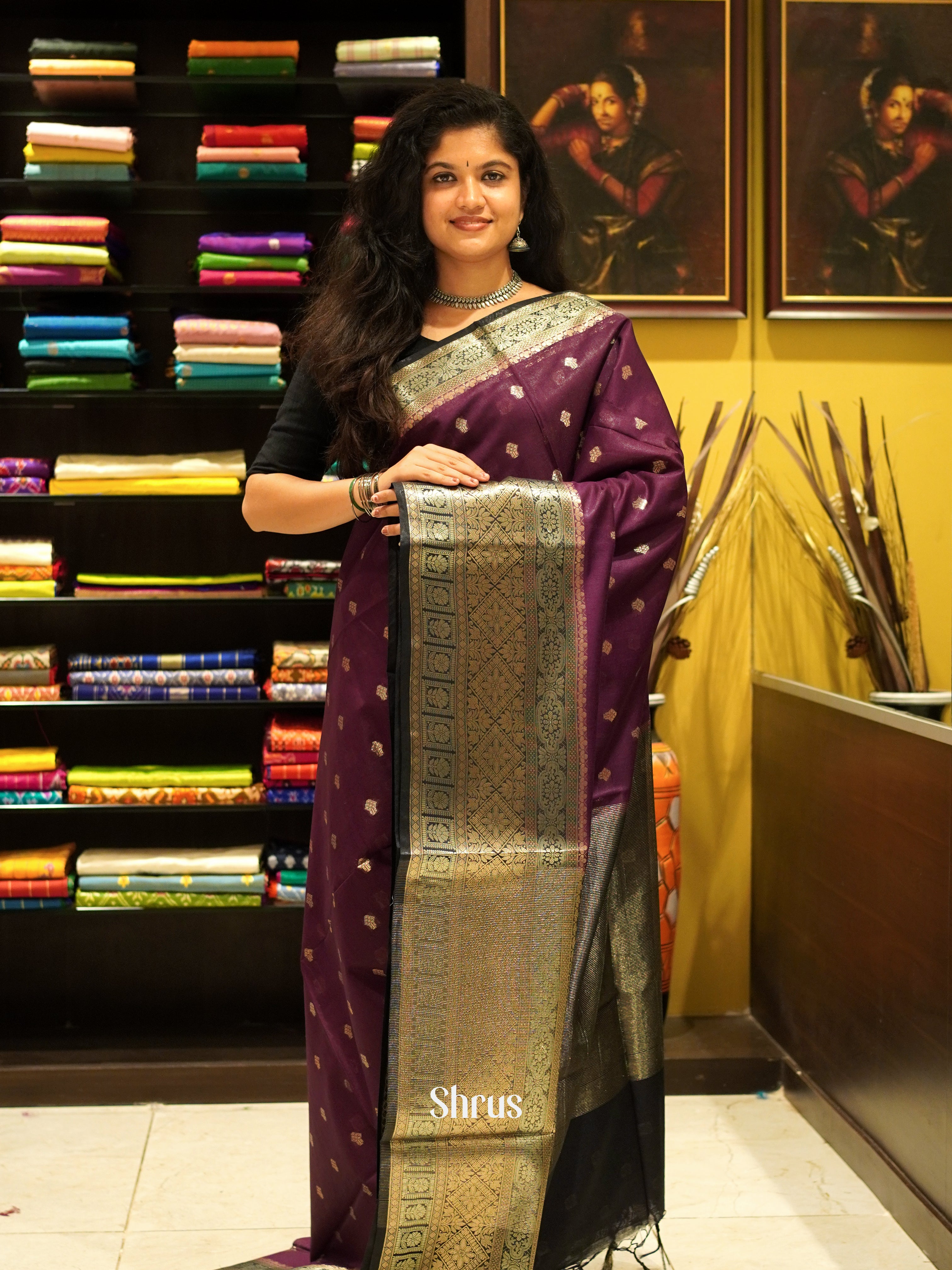 Wine & Black- North silkcotton Saree - Shop on ShrusEternity.com