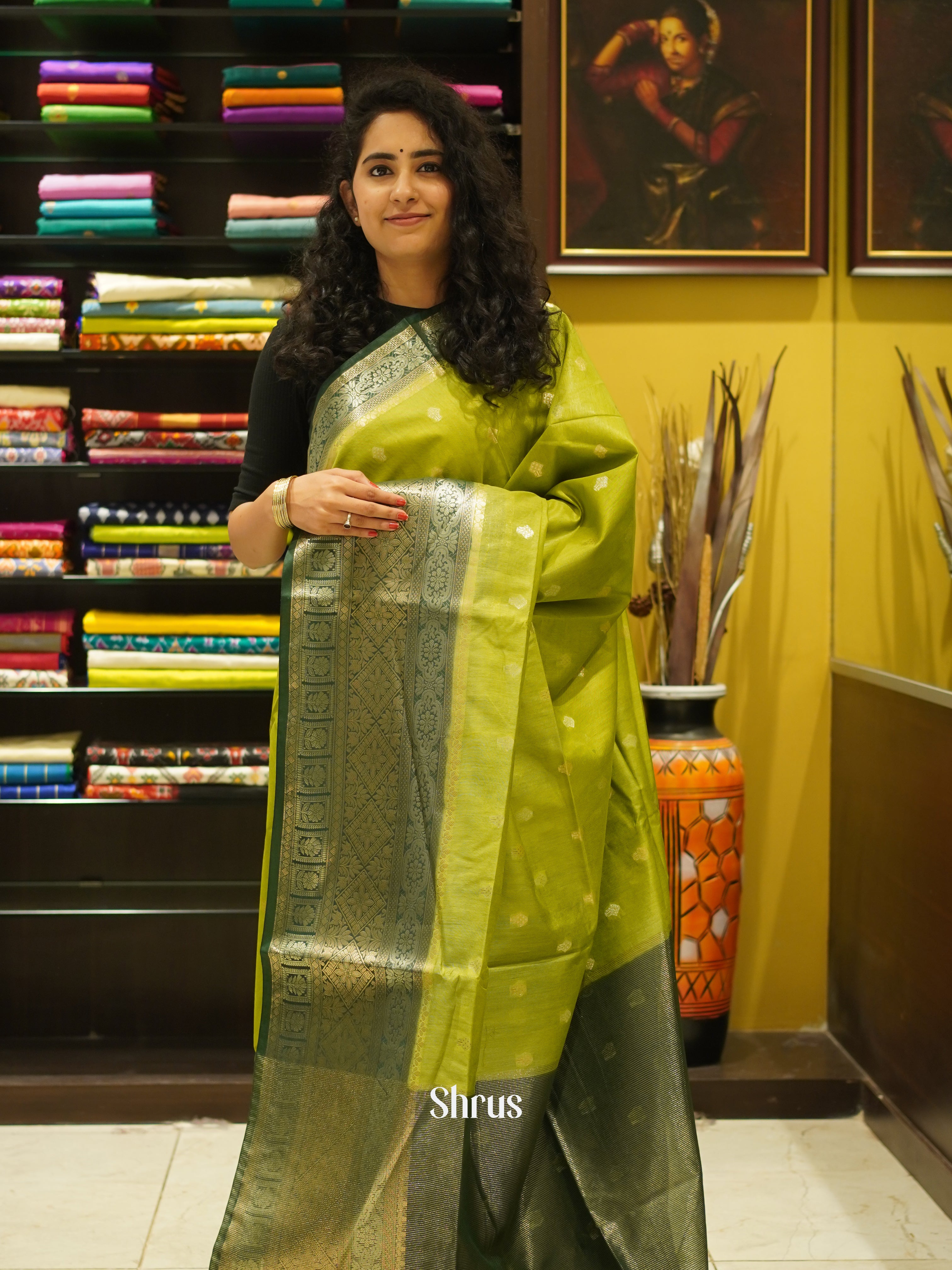 Light Green & Green - Semi Silk Cotton Saree - Shop on ShrusEternity.com