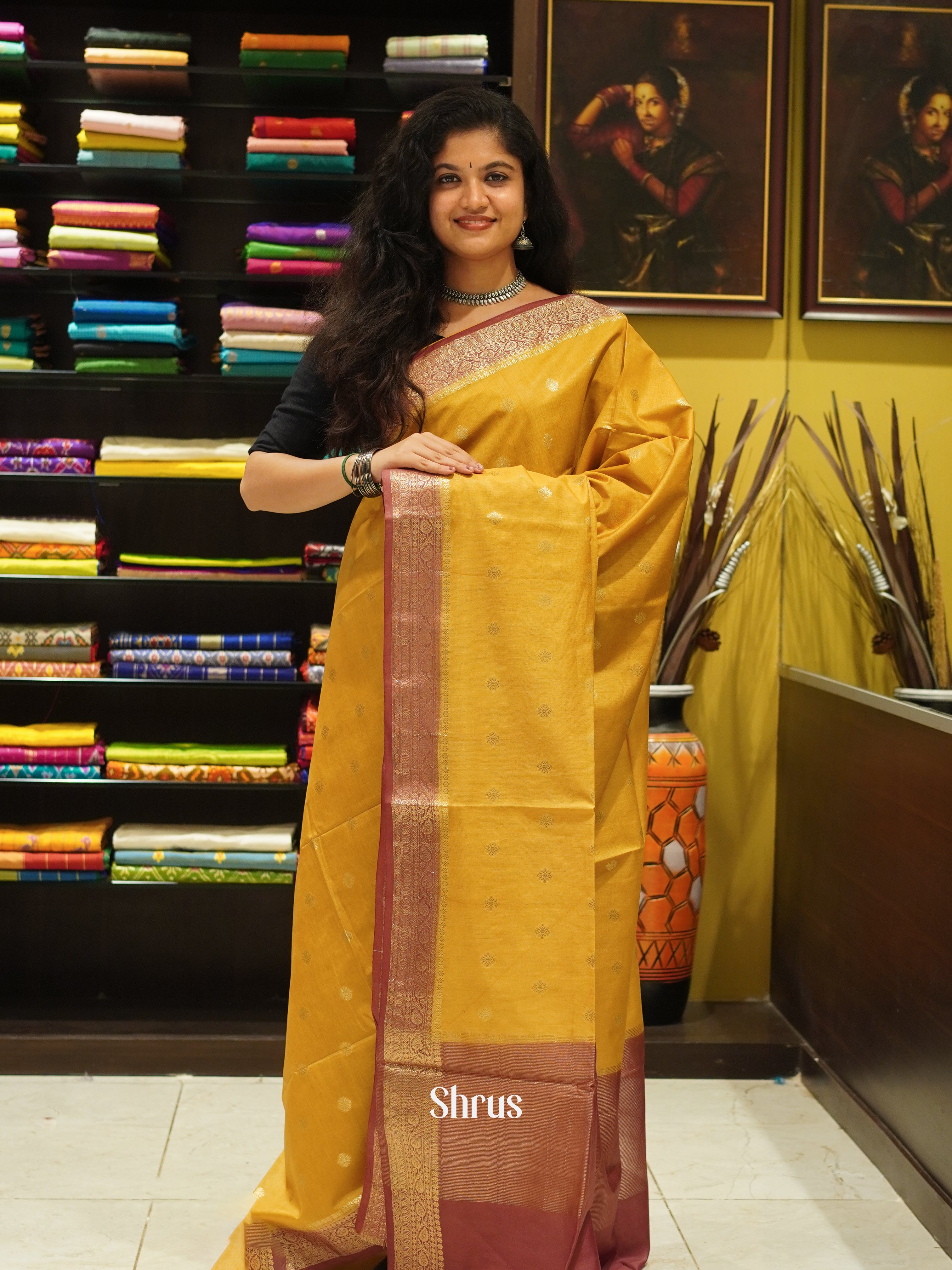 Mustard & Maroon - North Silkcotton Saree - Shop on ShrusEternity.com