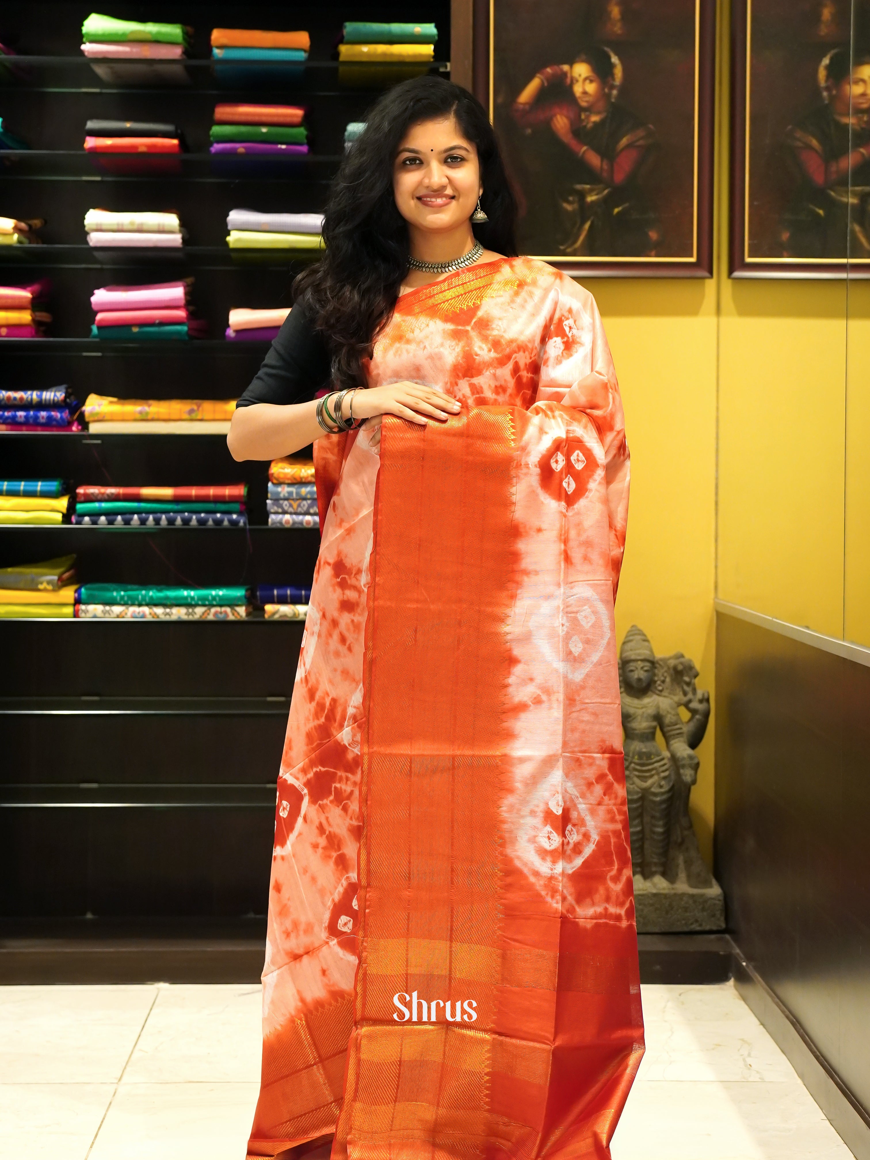 Cream & Red - Shibori Saree - Shop on ShrusEternity.com