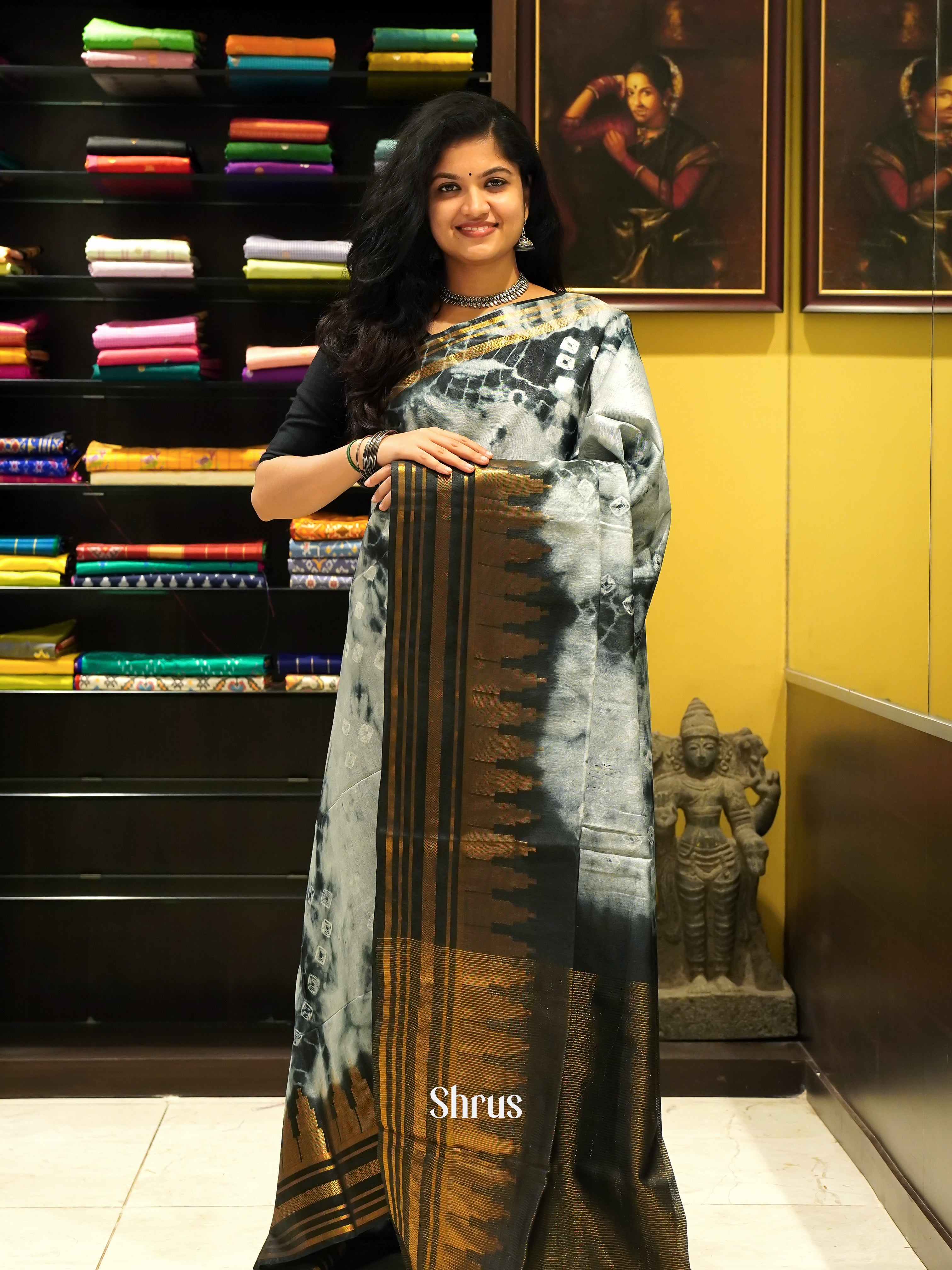 Cream & Black - Shibori Saree - Shop on ShrusEternity.com