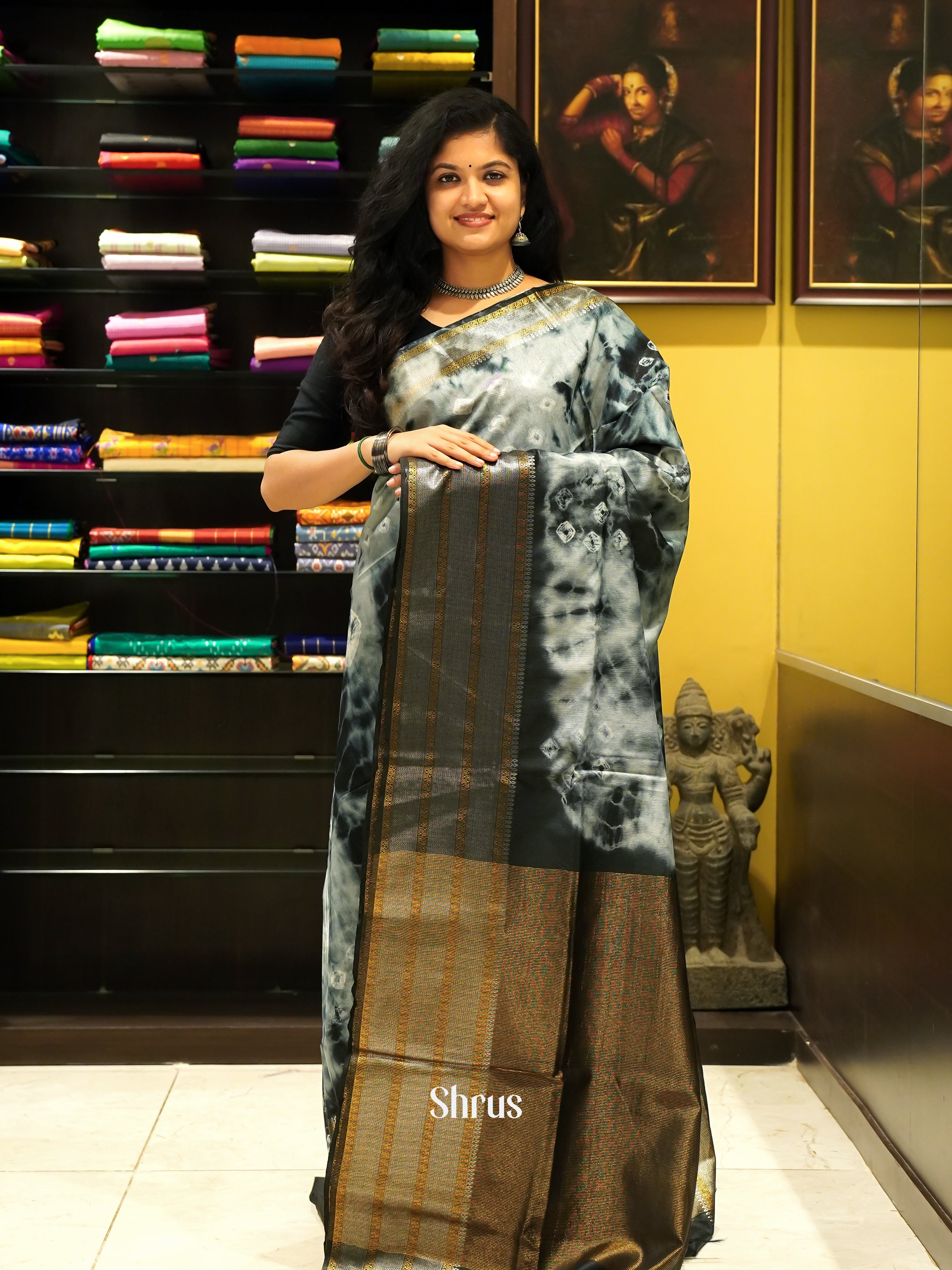 Cream & Black - Shibori Saree - Shop on ShrusEternity.com