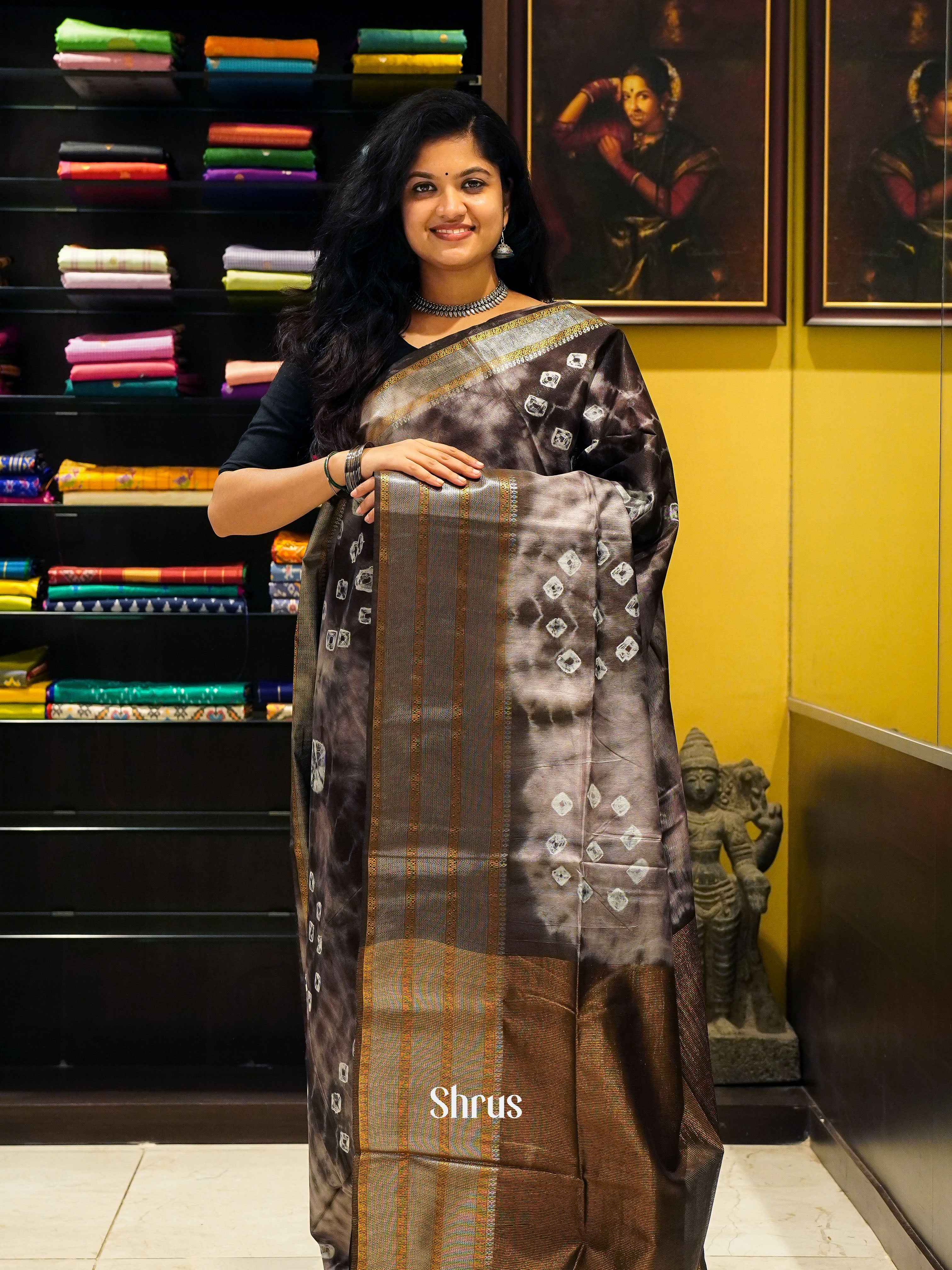 Cream & Brown -Shibori Saree - Shop on ShrusEternity.com